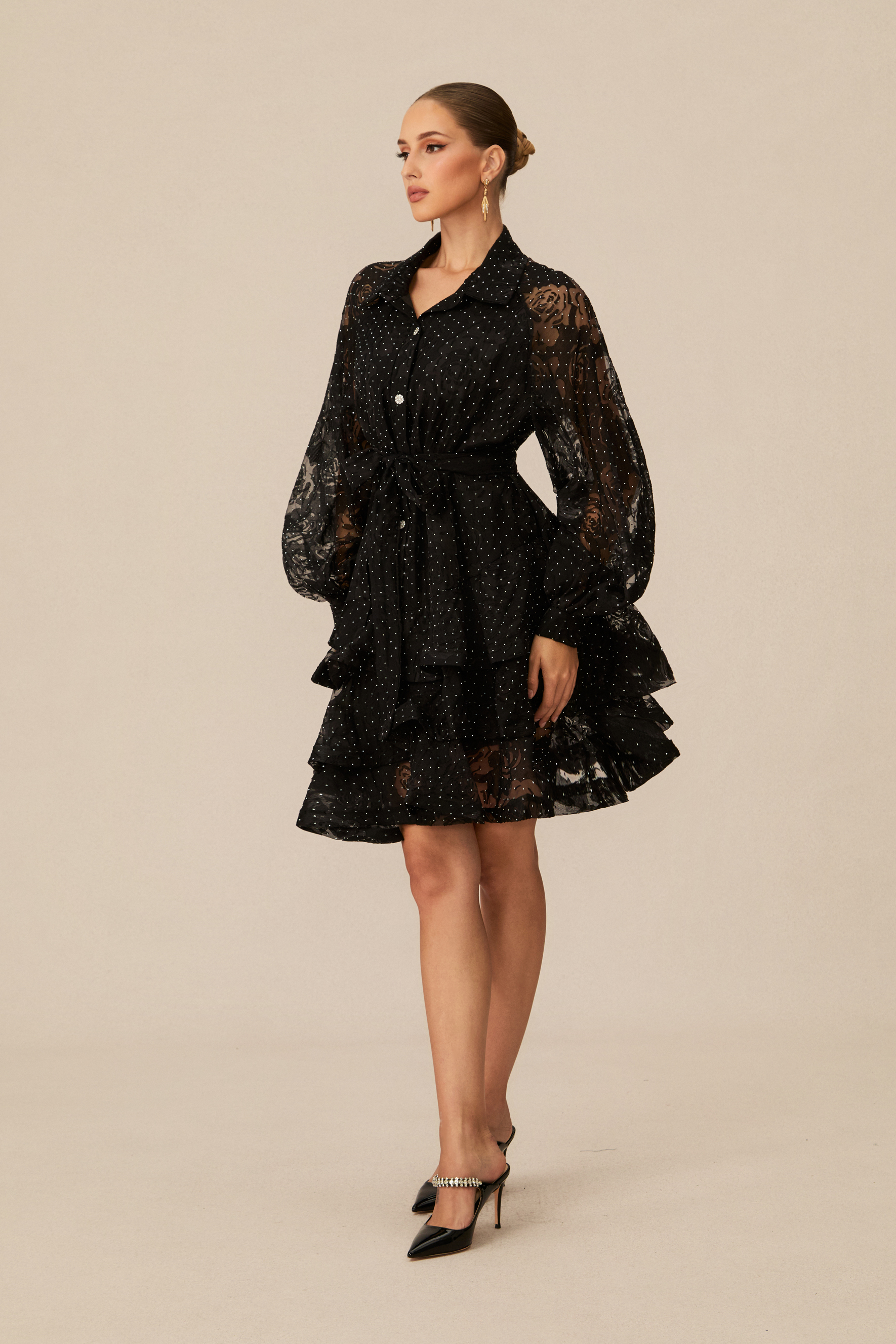Playfully Elegant Black Embellished Tiered Mini Dress