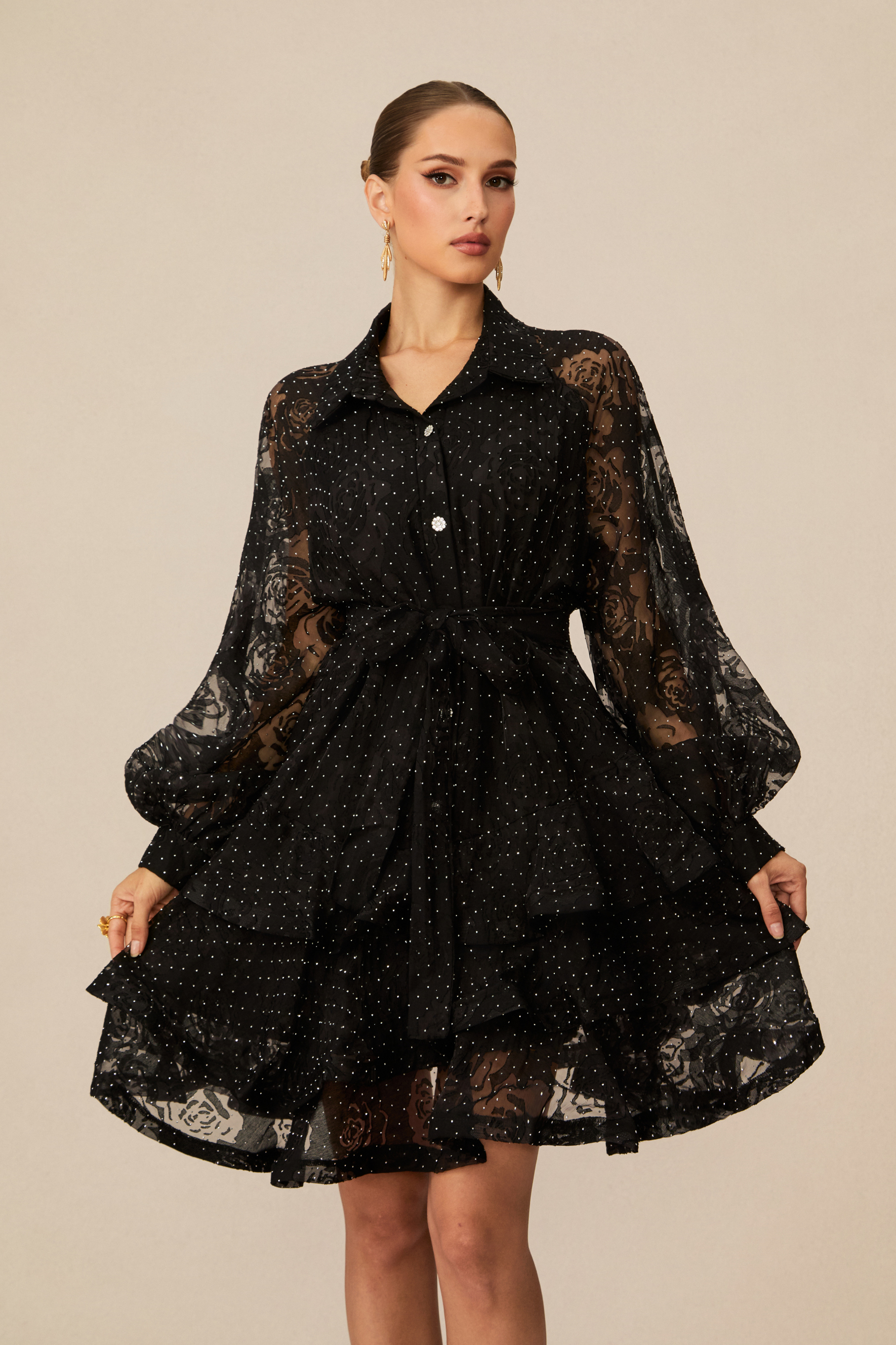 Playfully Elegant Black Embellished Tiered Mini Dress