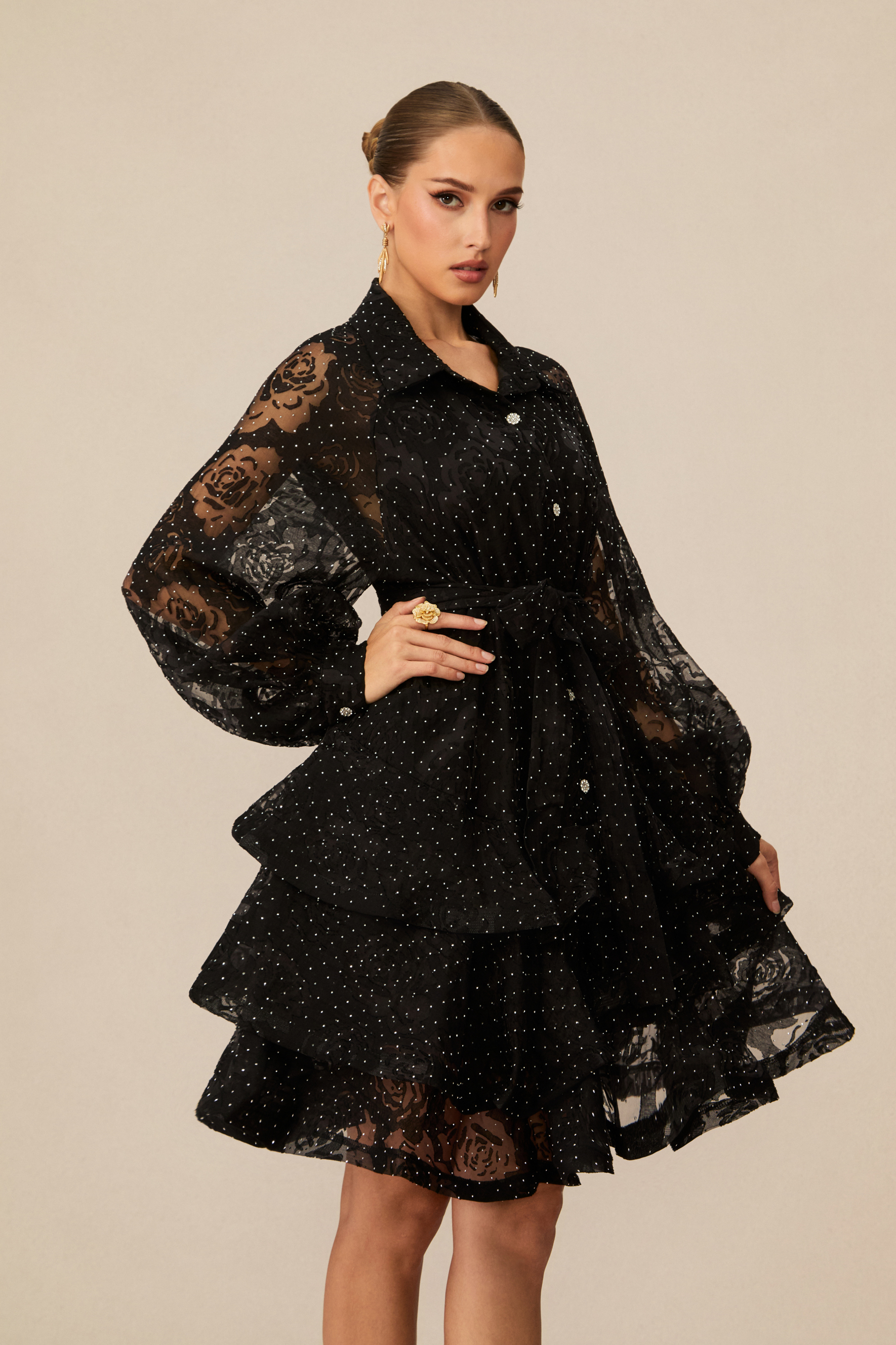 Playfully Elegant Black Embellished Tiered Mini Dress