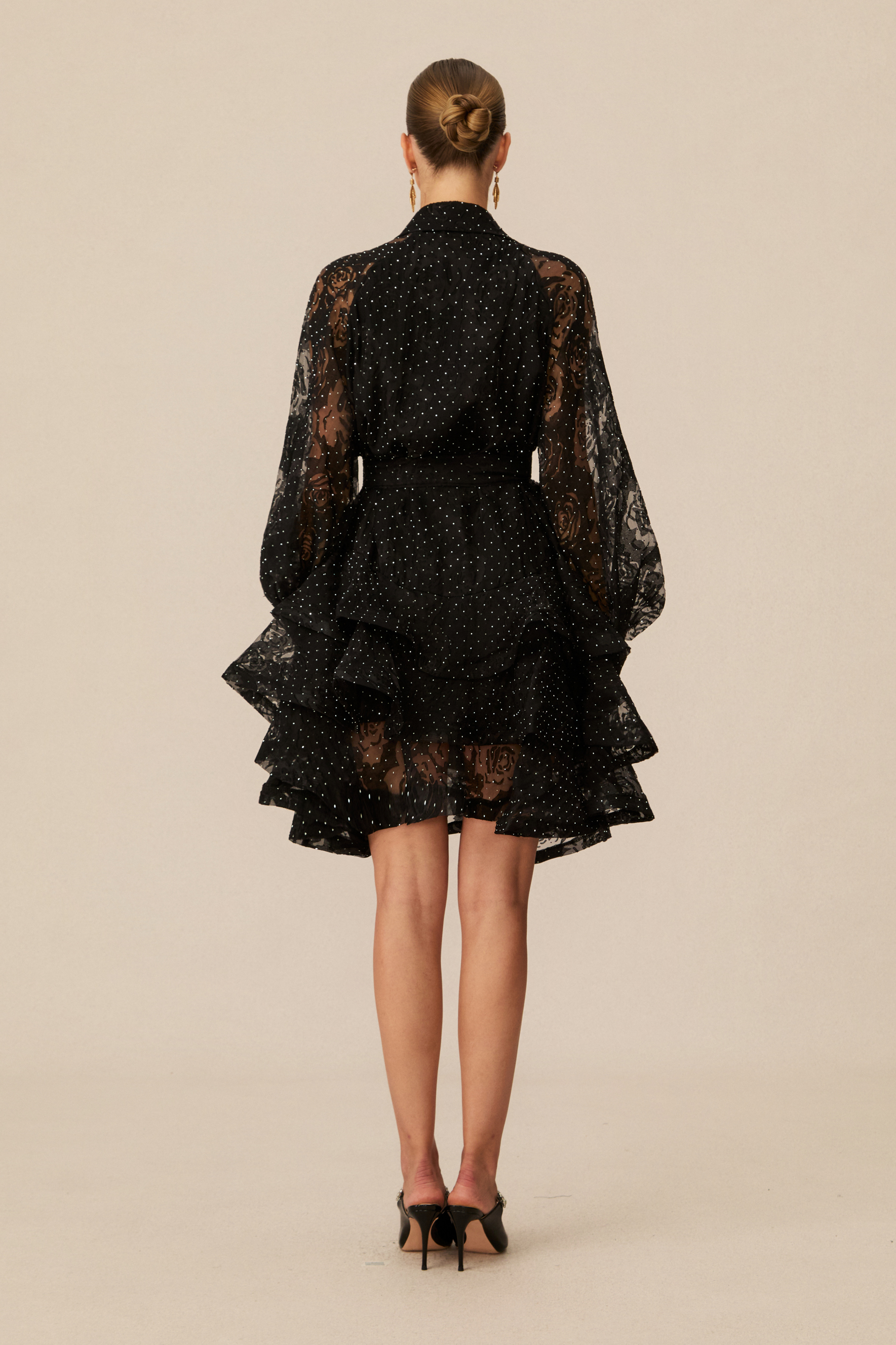 Playfully Elegant Black Embellished Tiered Mini Dress
