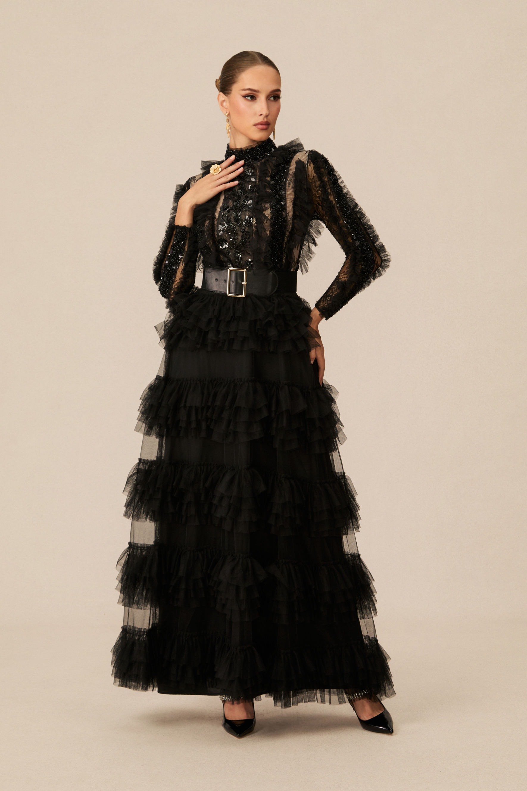 Midnight Allure Black Lace Sleeve Ruffled Maxi Dress