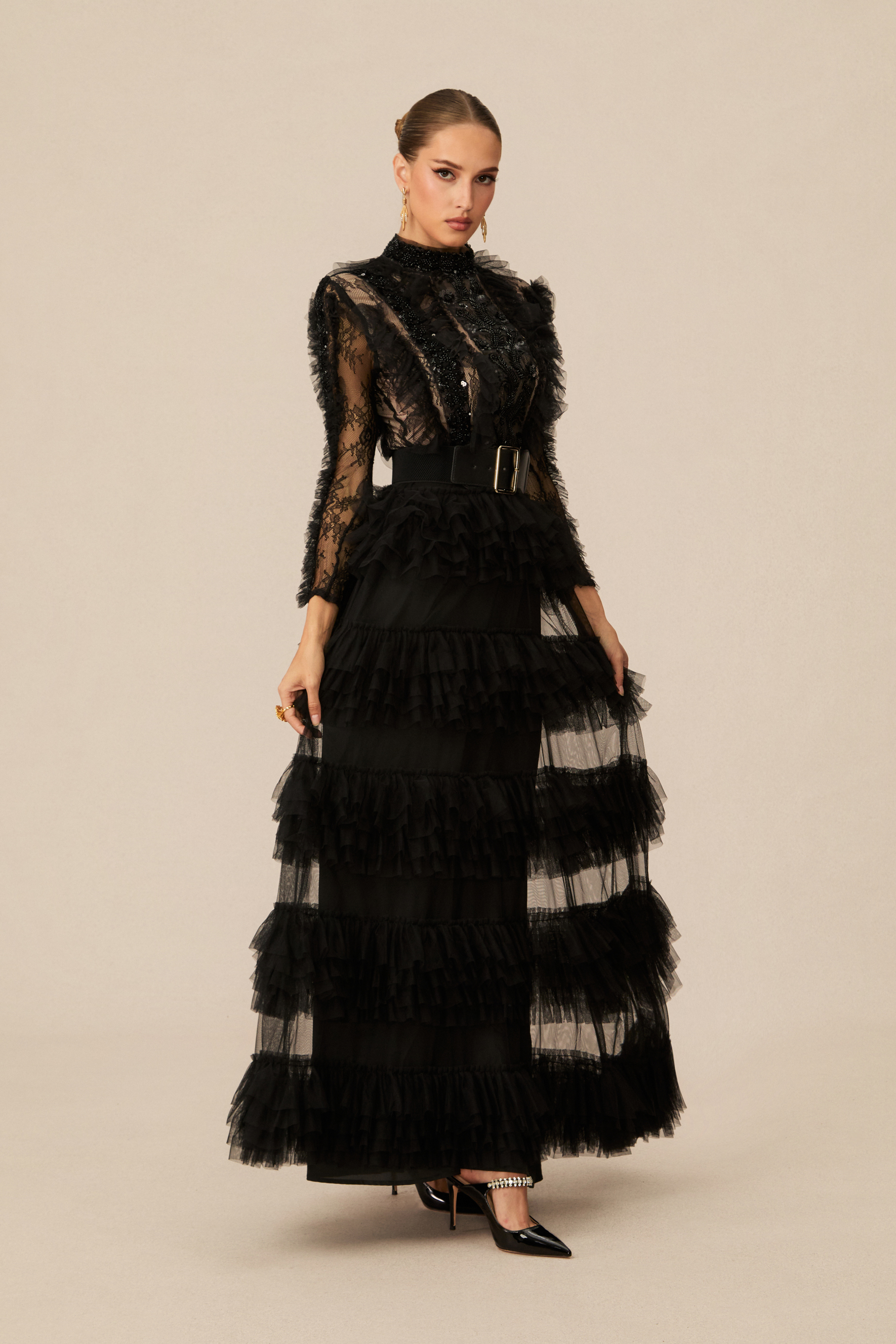 Midnight Allure Black Lace Sleeve Ruffled Maxi Dress