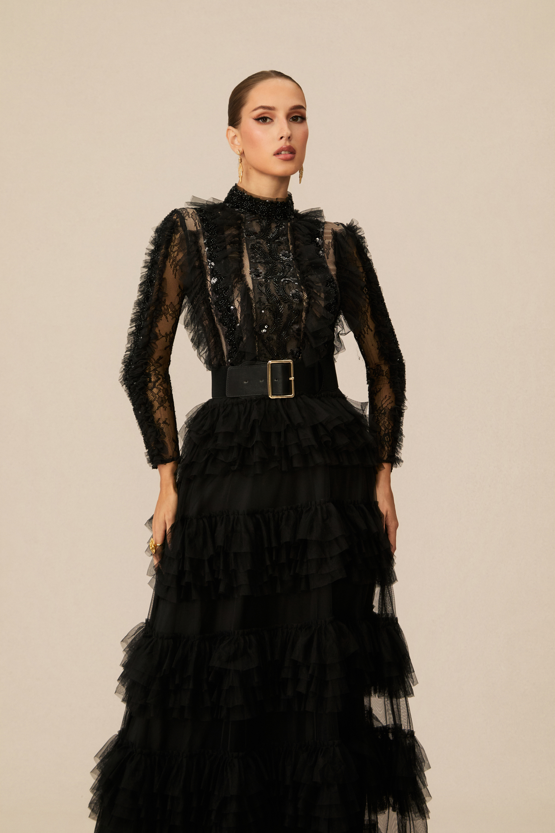 Midnight Allure Black Lace Sleeve Ruffled Maxi Dress