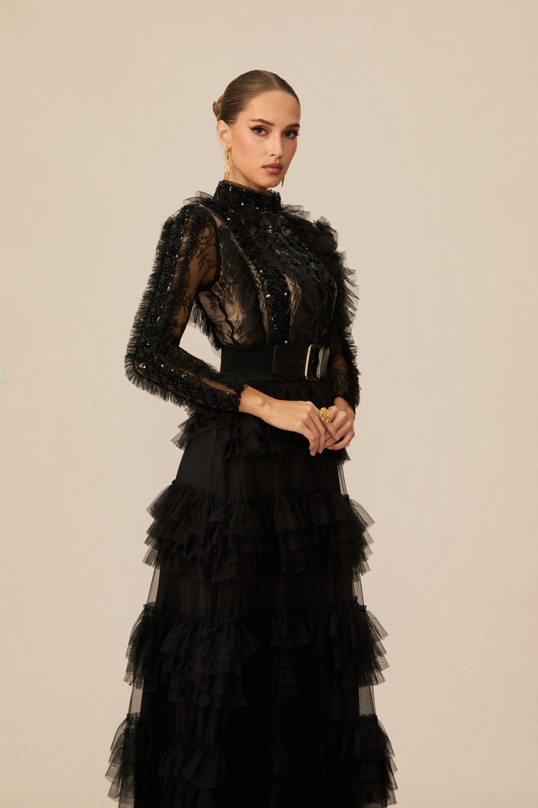 Midnight Allure Black Lace Sleeve Ruffled Maxi Dress