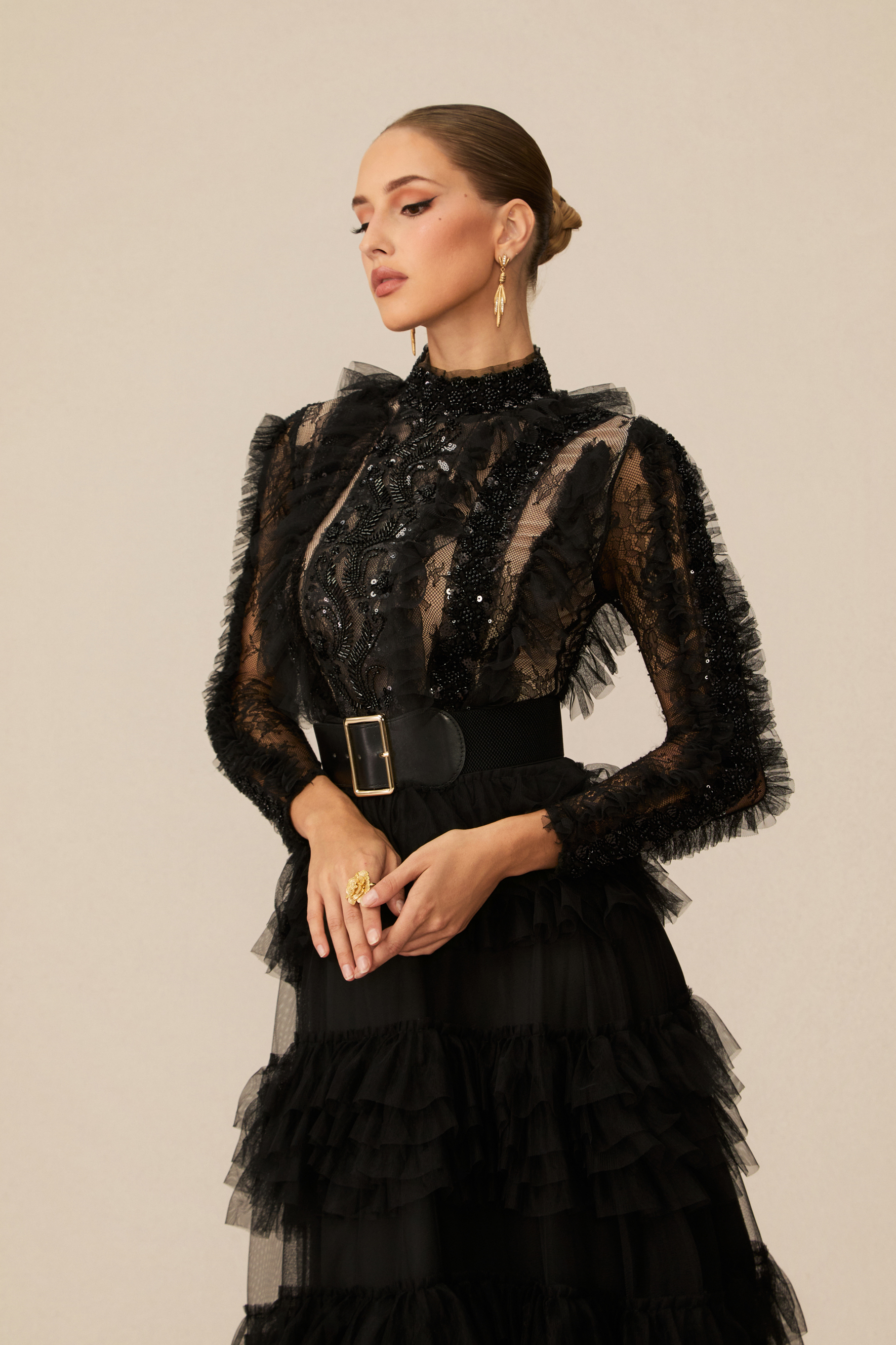 Midnight Allure Black Lace Sleeve Ruffled Maxi Dress
