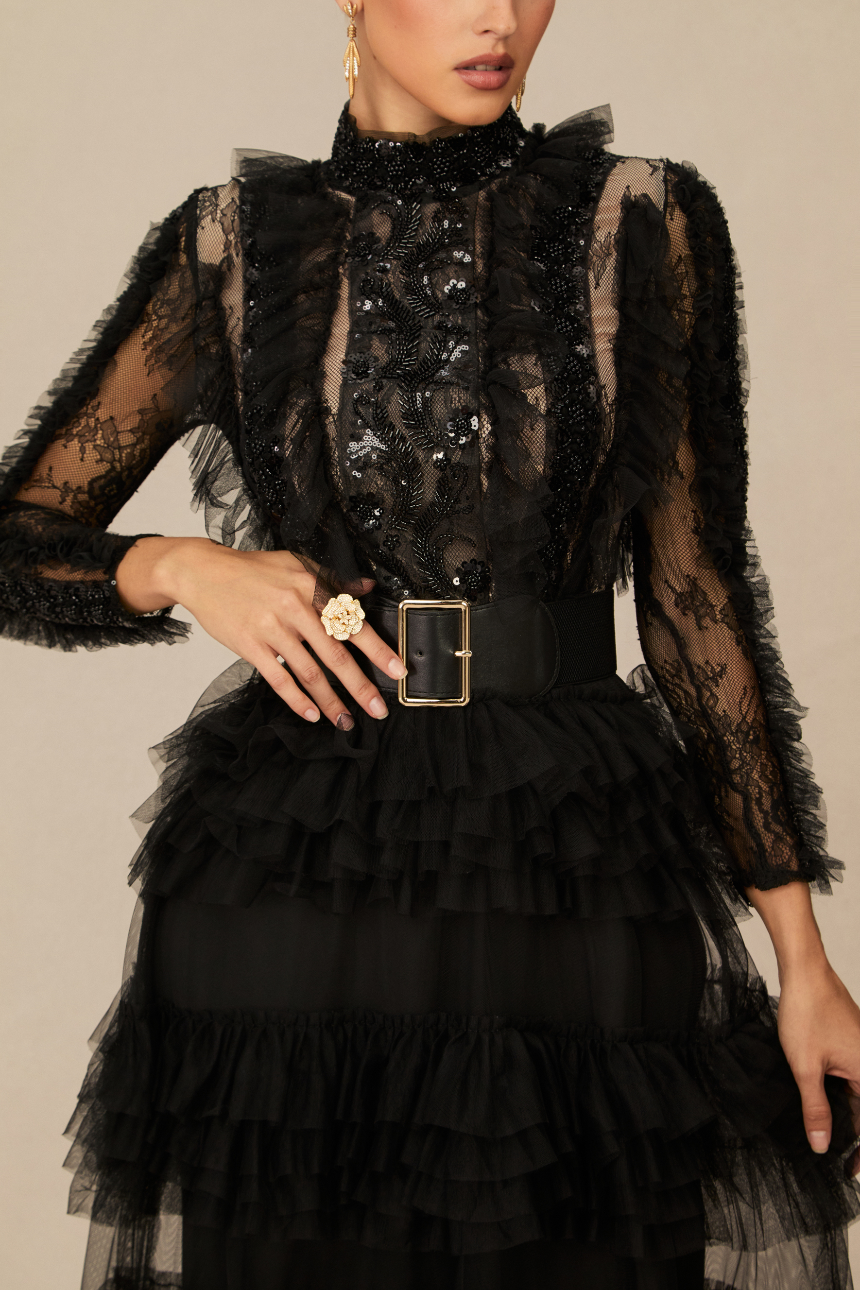 Midnight Allure Black Lace Sleeve Ruffled Maxi Dress