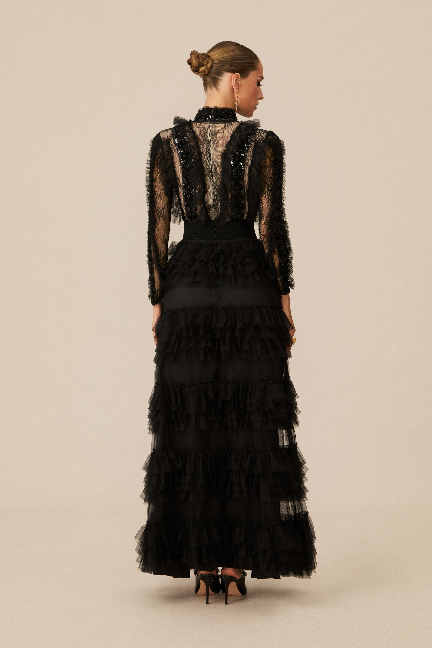 Midnight Allure Black Lace Sleeve Ruffled Maxi Dress