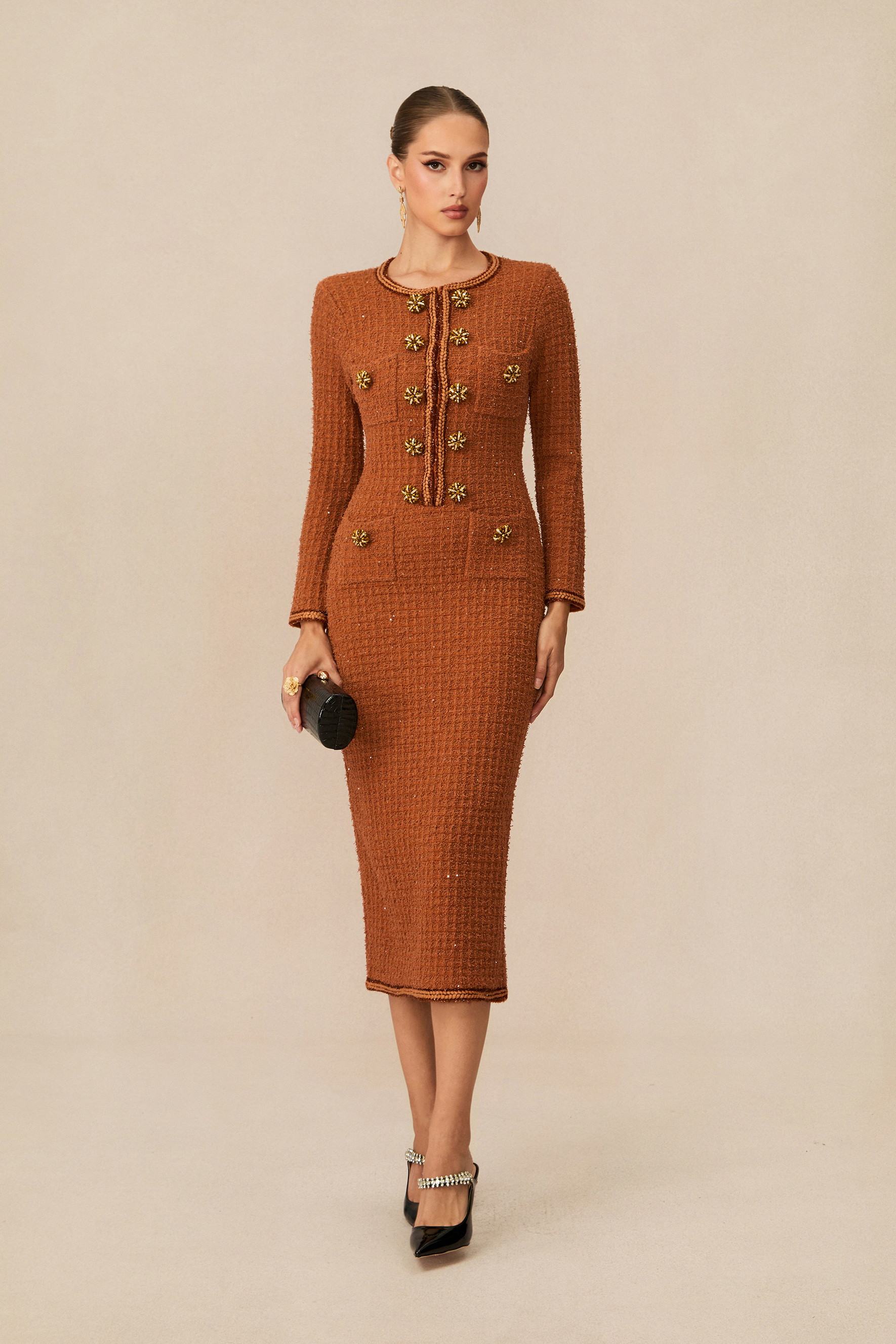 Cultivated Poise Brown Crystal Button Tweed Midi Dress