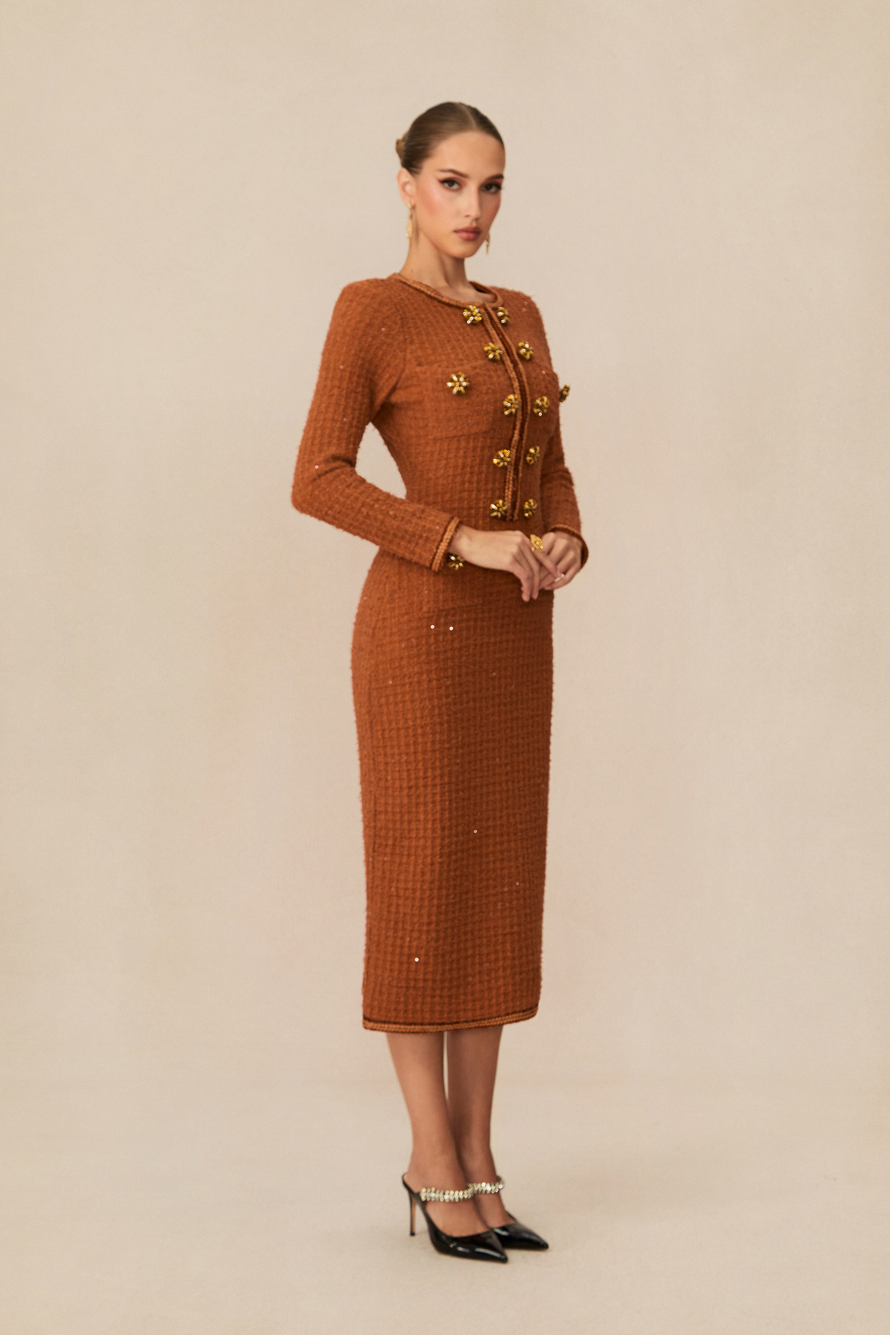 Cultivated Poise Brown Crystal Button Tweed Midi Dress