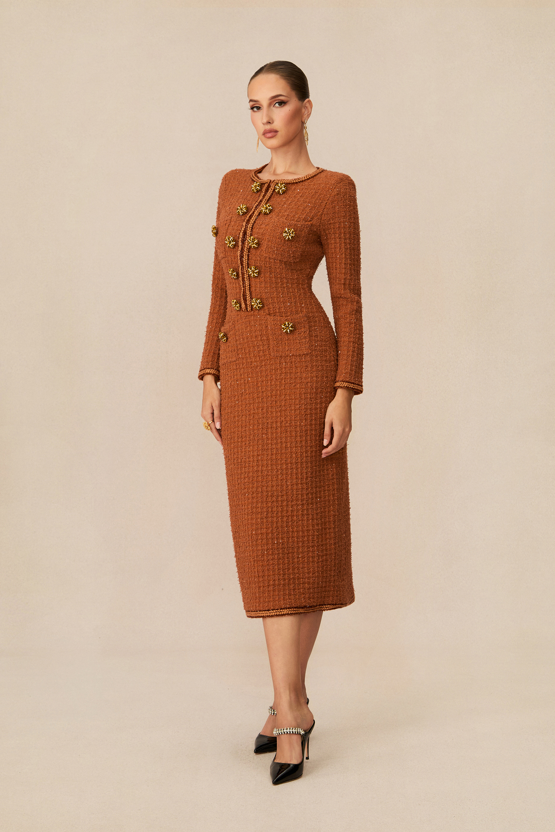 Cultivated Poise Brown Crystal Button Tweed Midi Dress