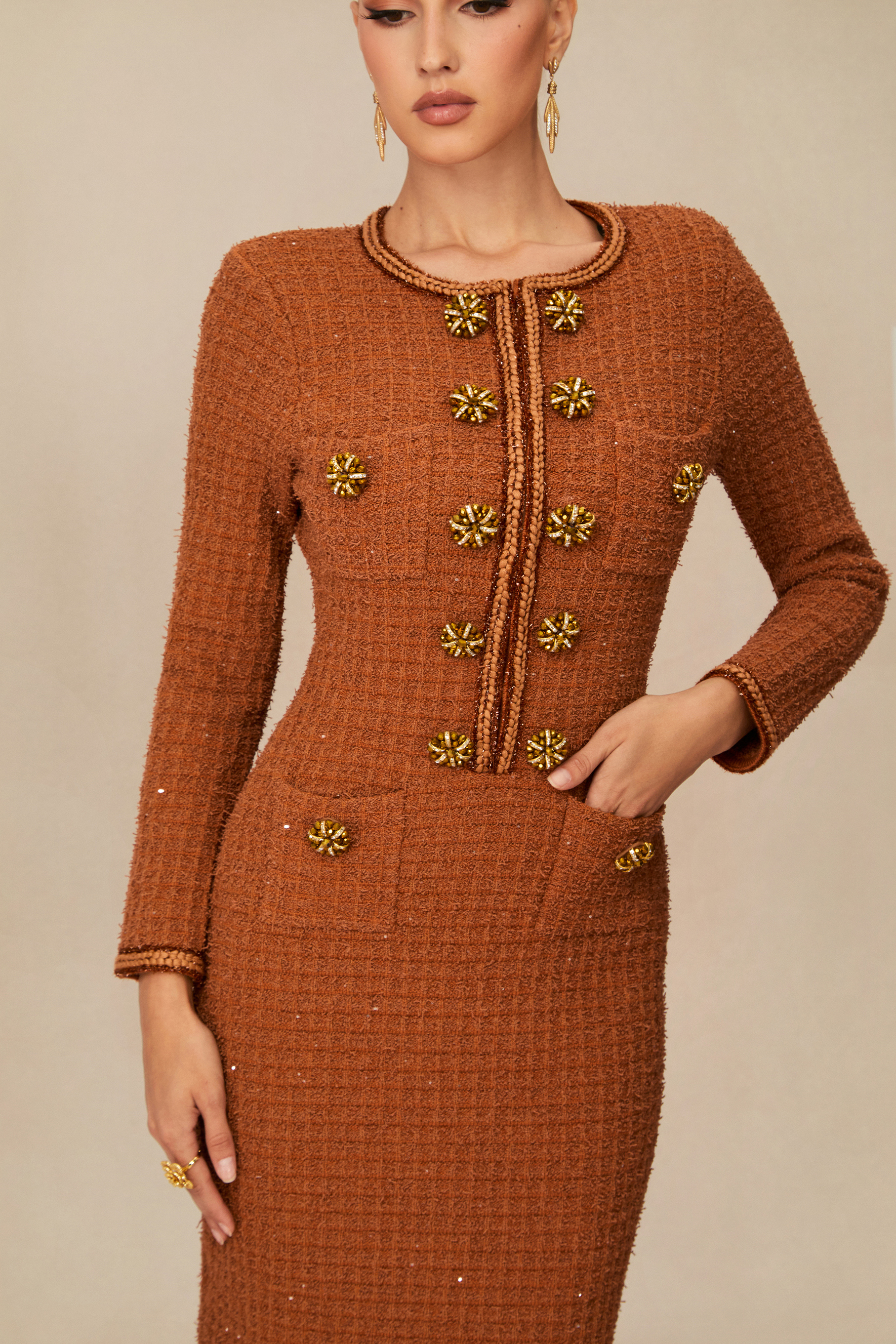 Cultivated Poise Brown Crystal Button Tweed Midi Dress