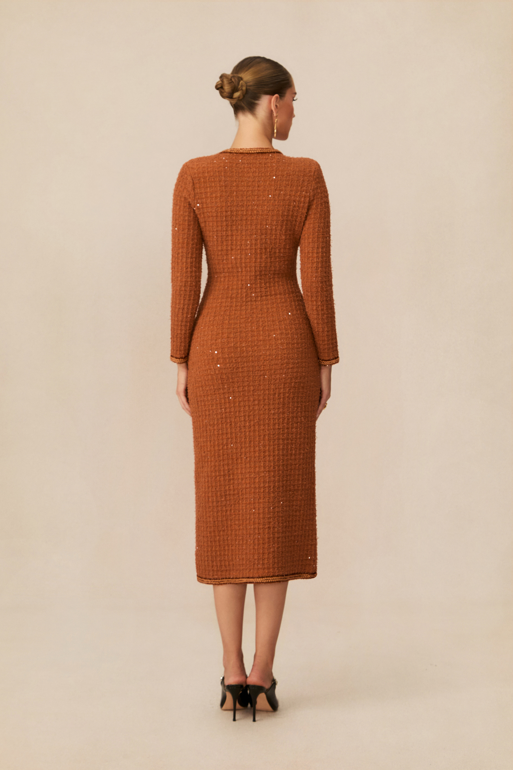 Cultivated Poise Brown Crystal Button Tweed Midi Dress