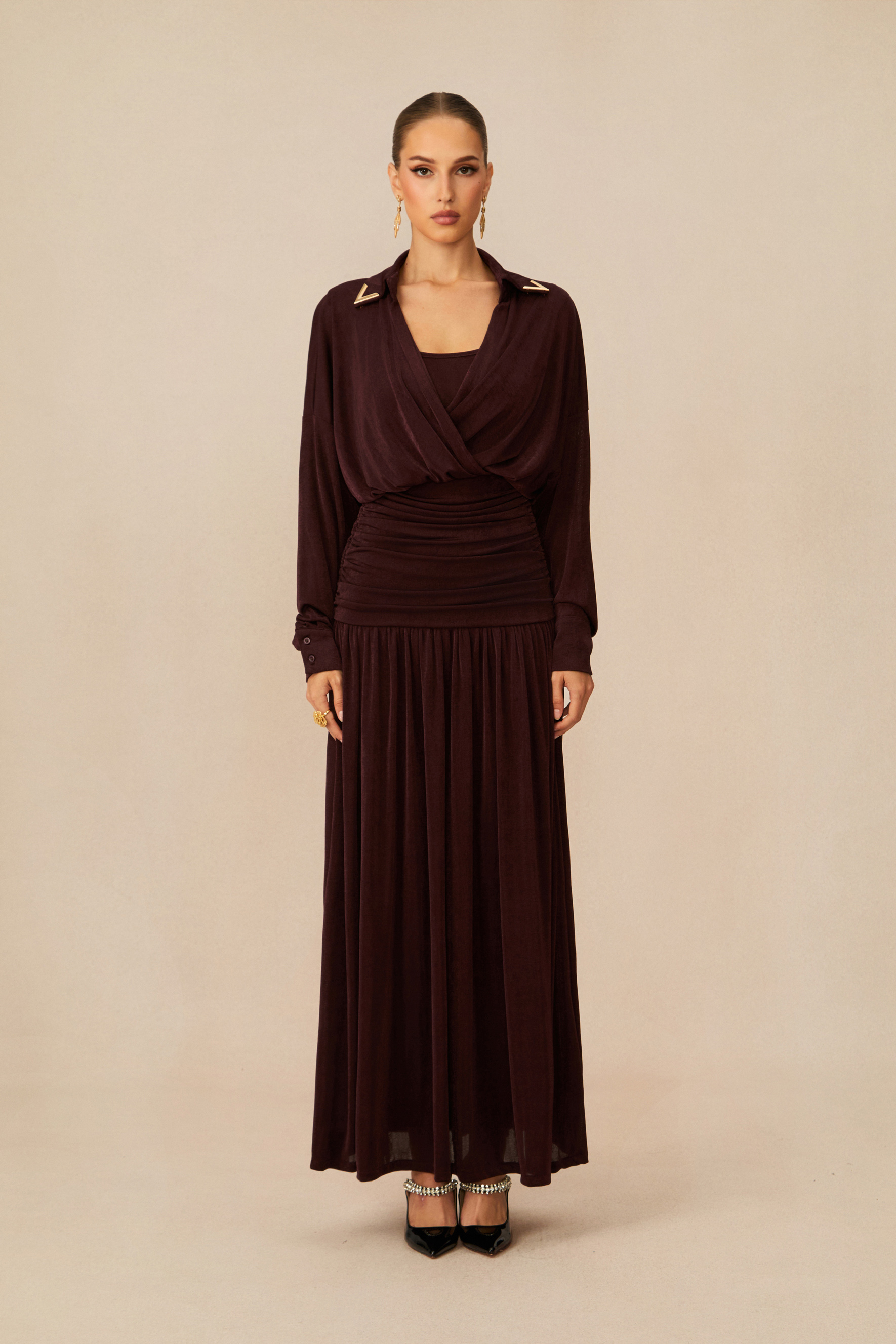 Lois V-Neck Ruched Waist Maxi Dress
