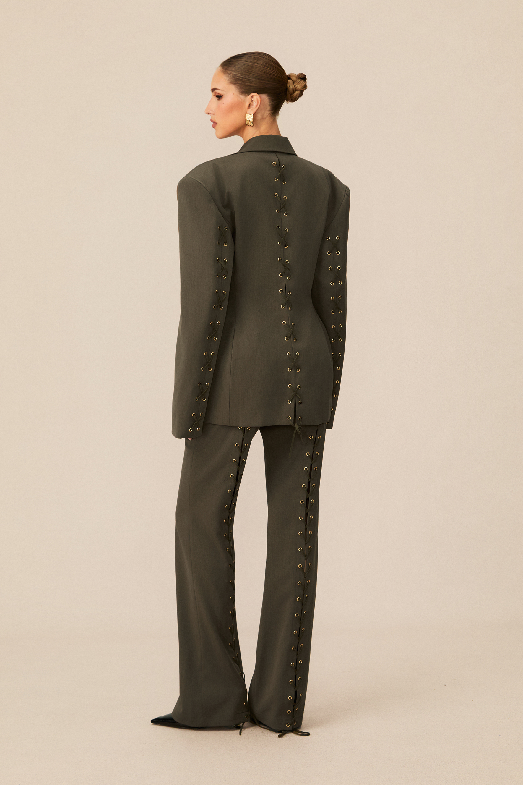 Joanna Lace Up Wide Shoulder Blazer & Trousers Set