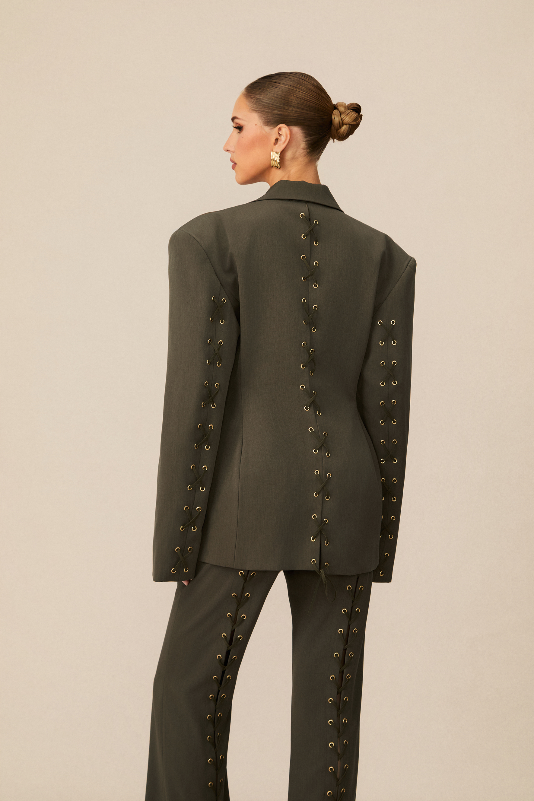 Joanna Lace Up Wide Shoulder Blazer & Trousers Set