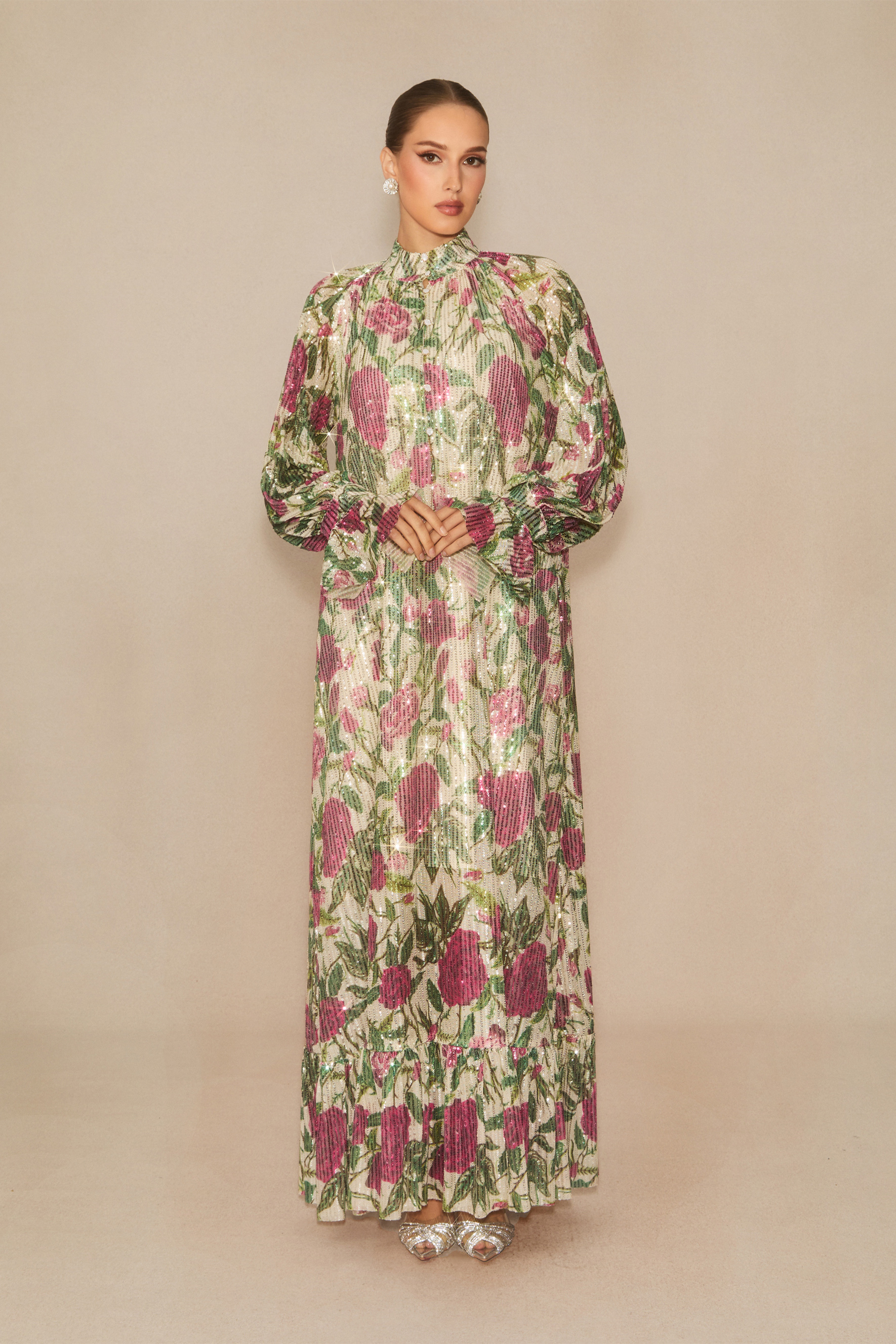 Mina Floral Print Sequin Embellished Maxi Dress