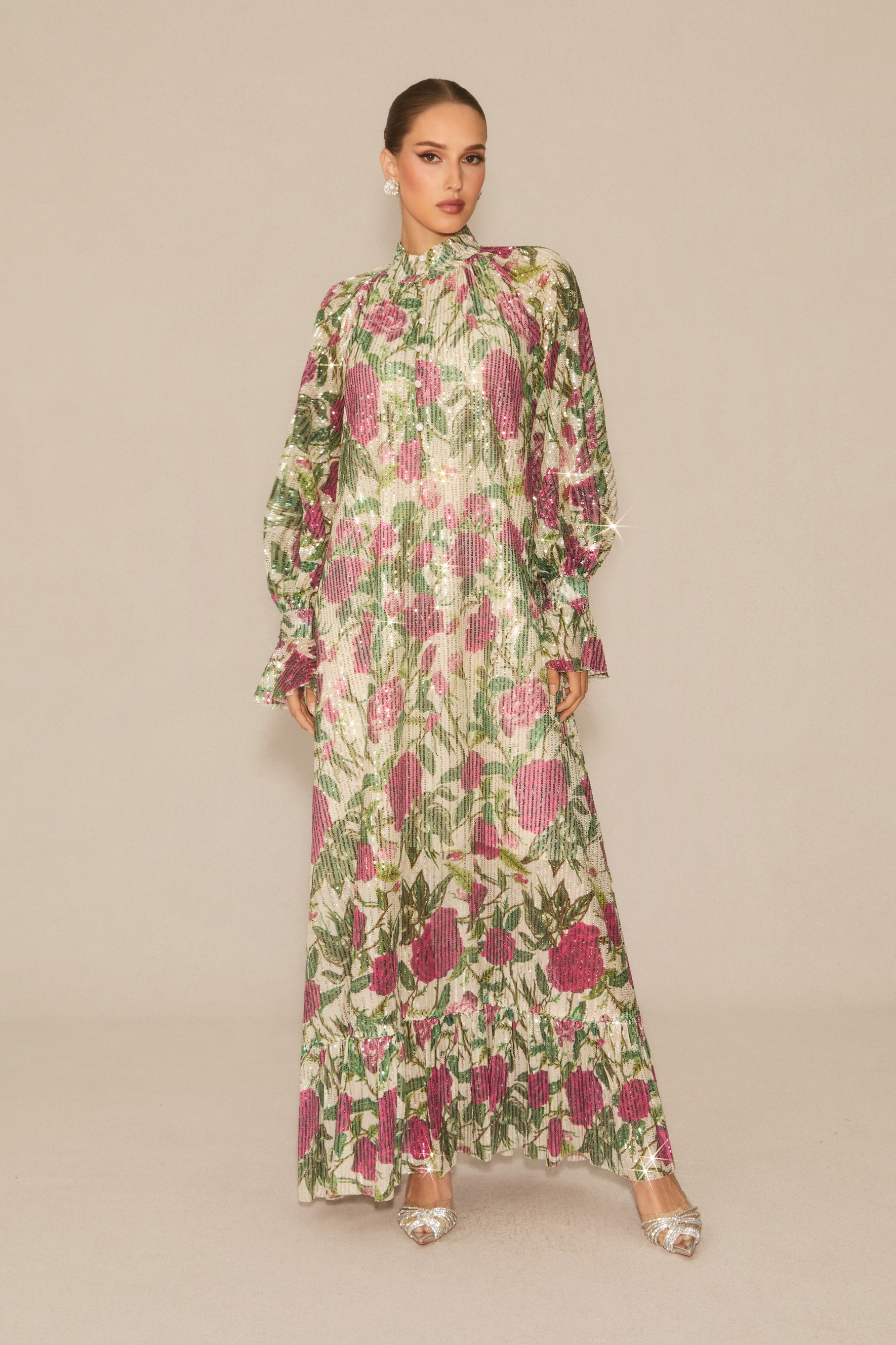 Mina Floral Print Sequin Embellished Maxi Dress