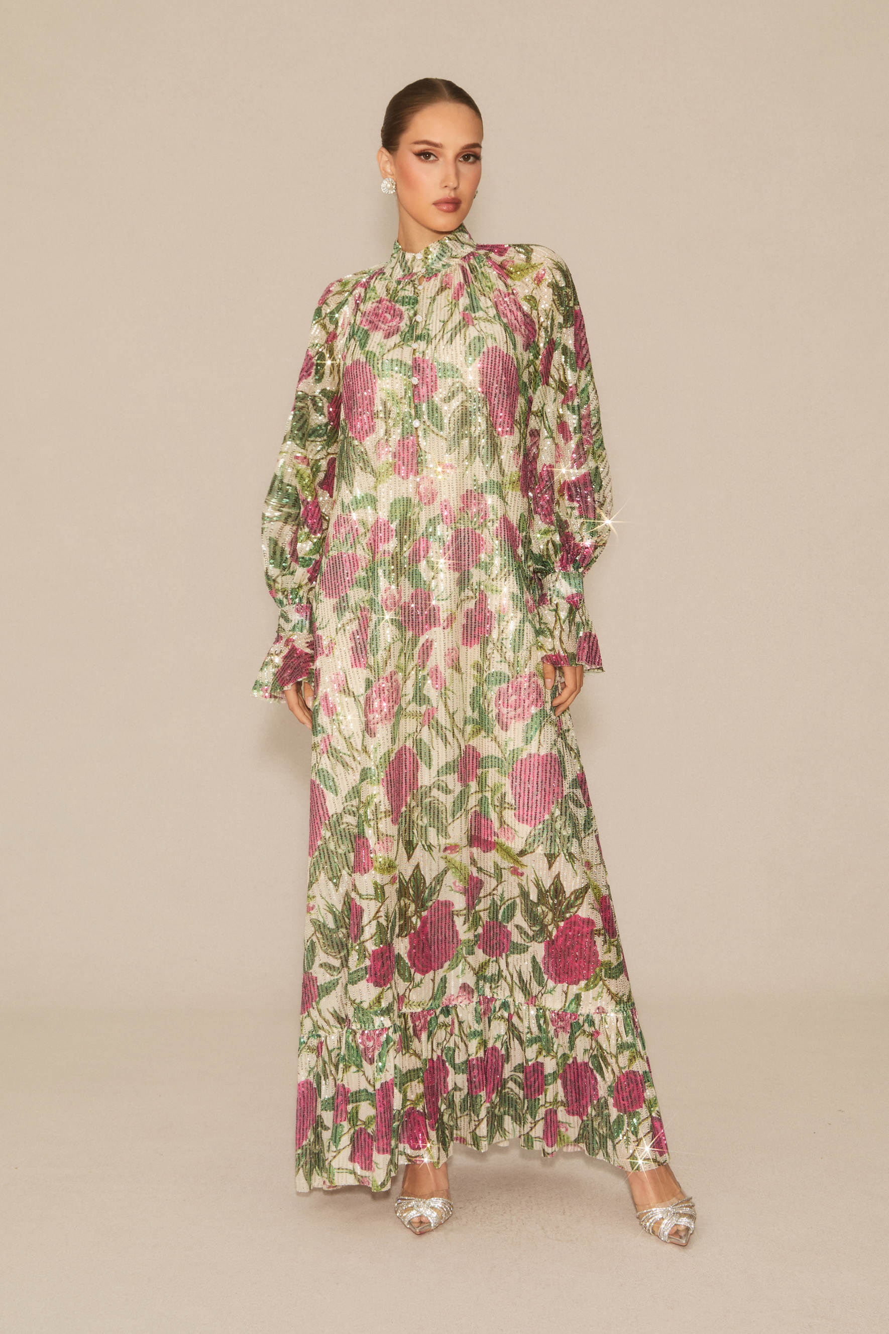 Mina Floral Print Sequin Embellished Maxi Dress