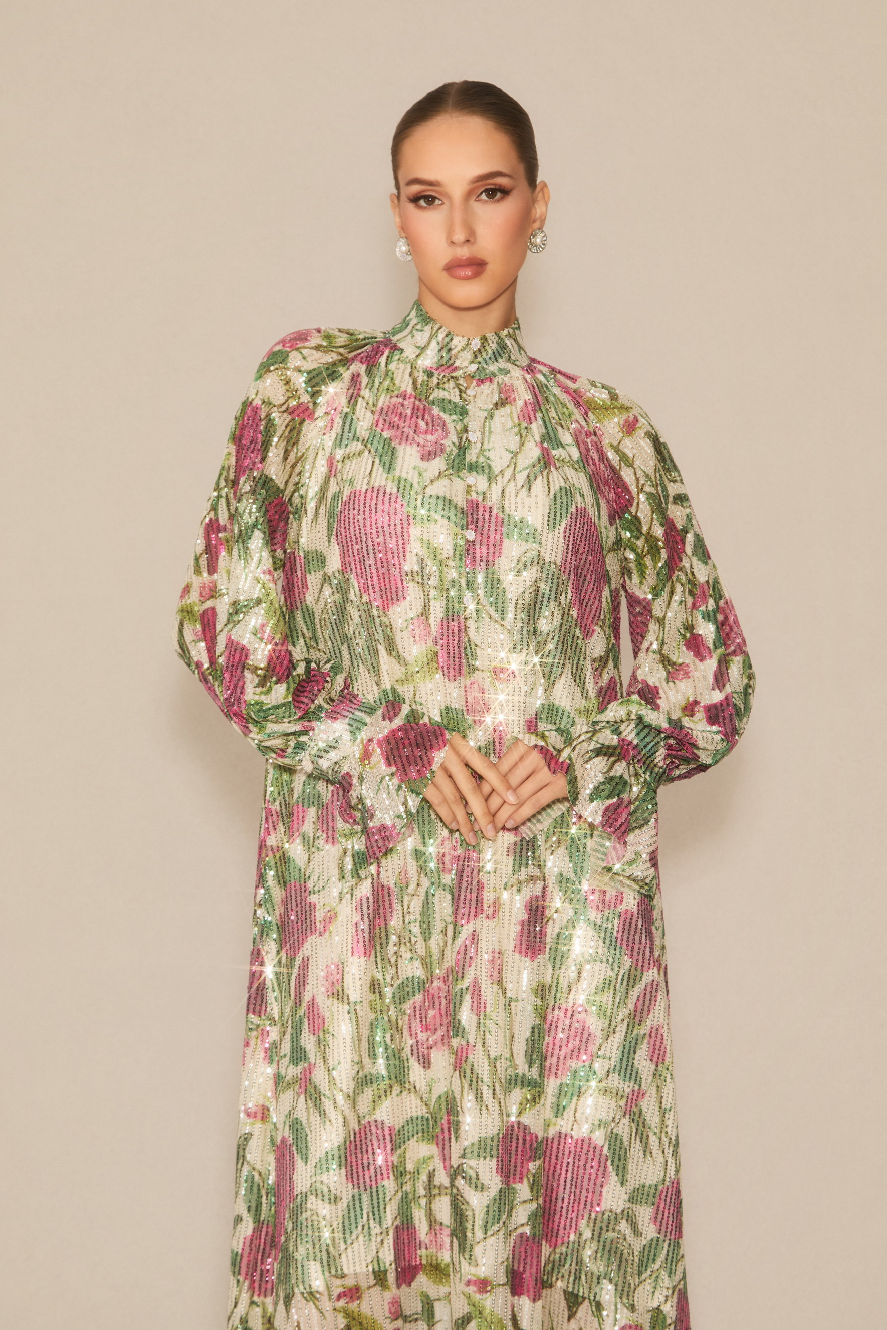 Mina Floral Print Sequin Embellished Maxi Dress