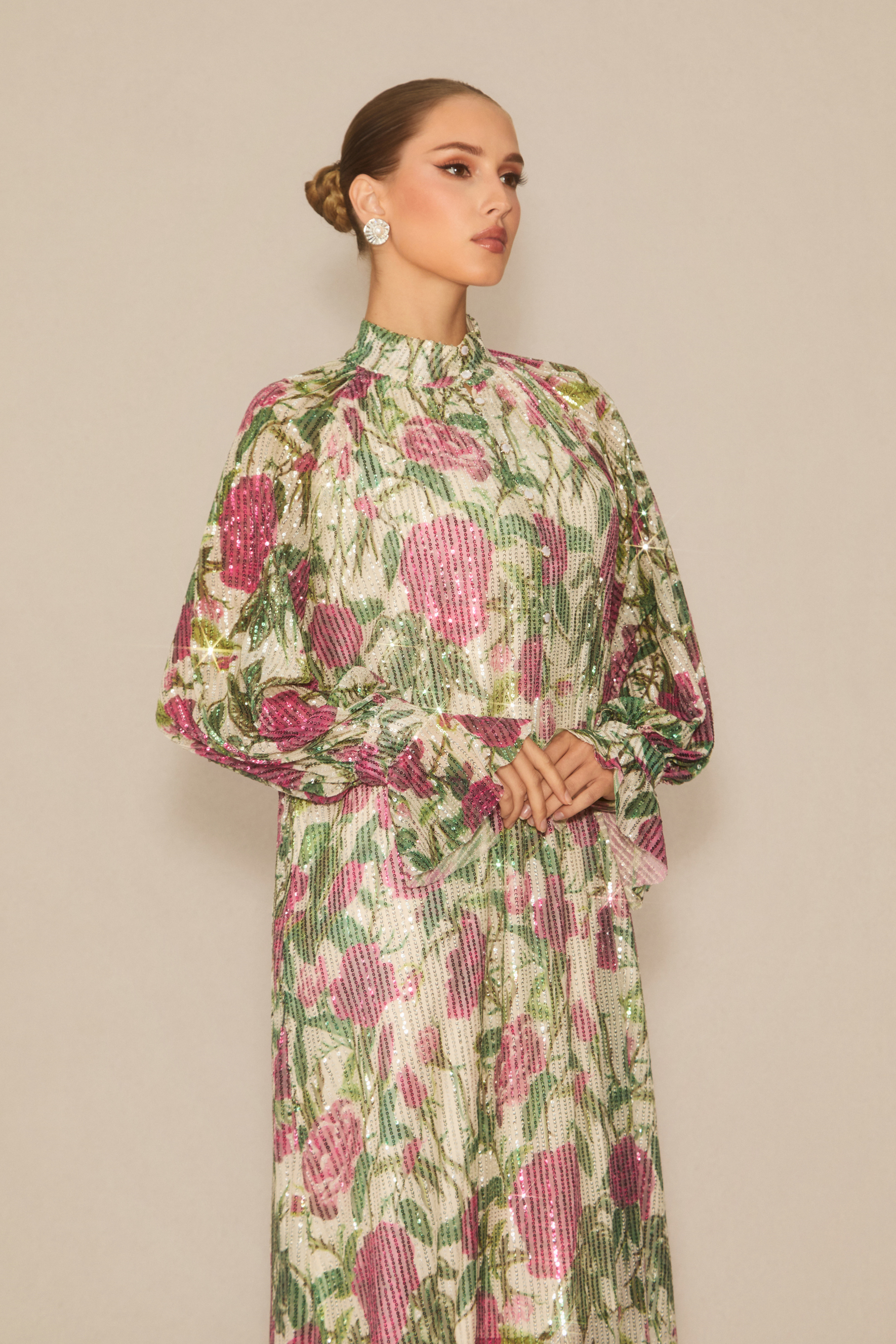 Mina Floral Print Sequin Embellished Maxi Dress