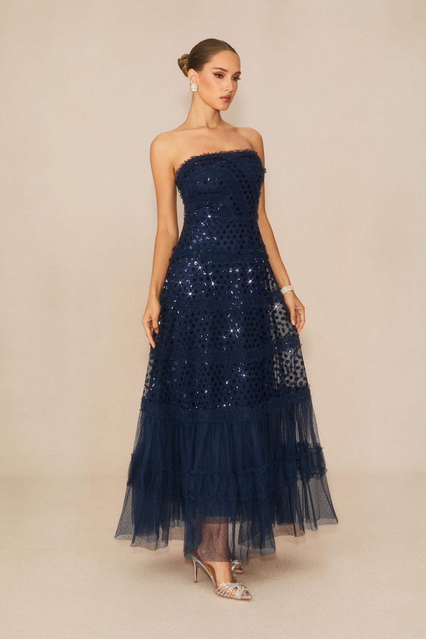 Enchanting Midnight Dark Blue Sequin Embellished Maxi Dress & Cape Set