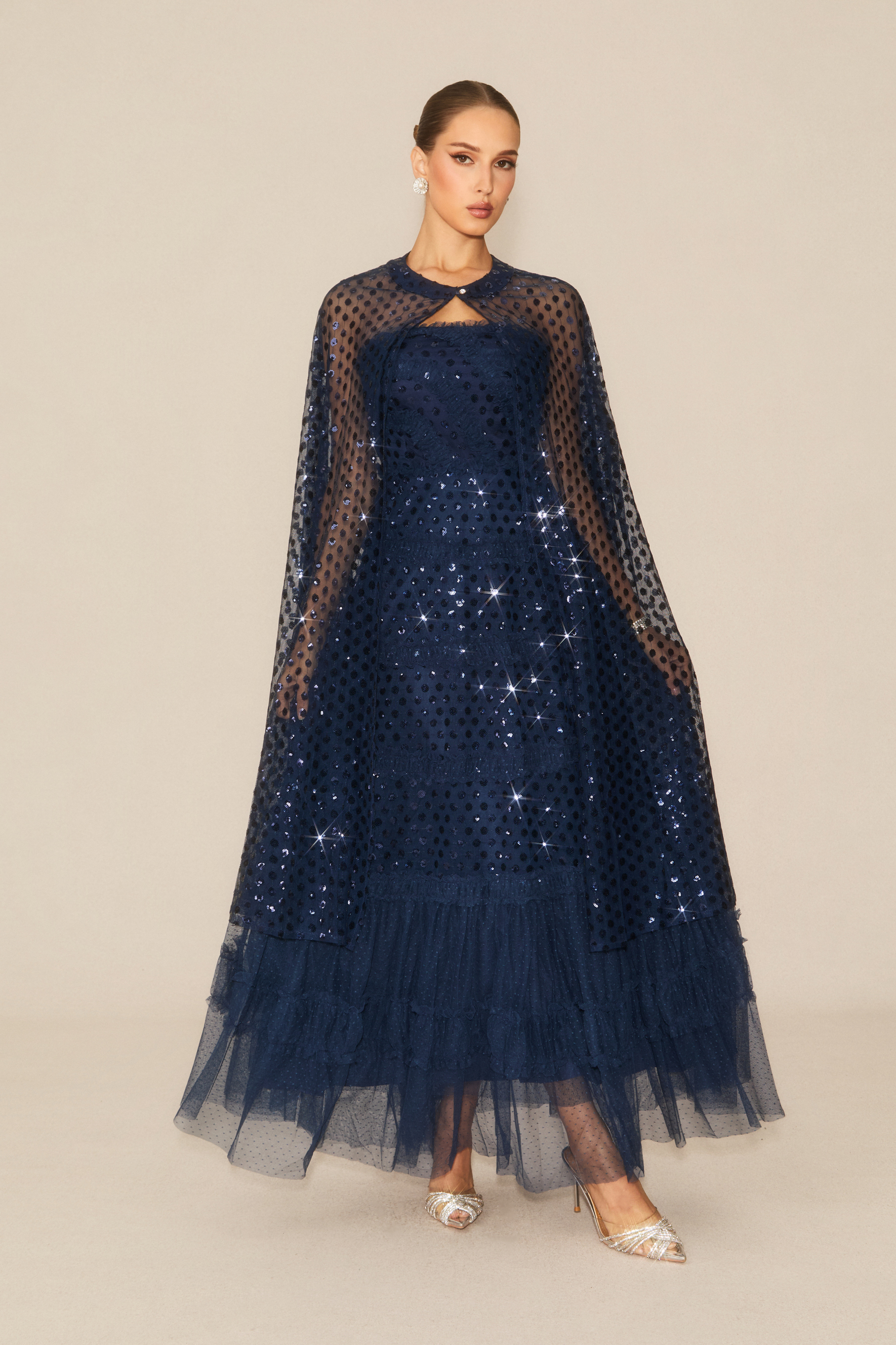Enchanting Midnight Dark Blue Sequin Embellished Maxi Dress & Cape Set