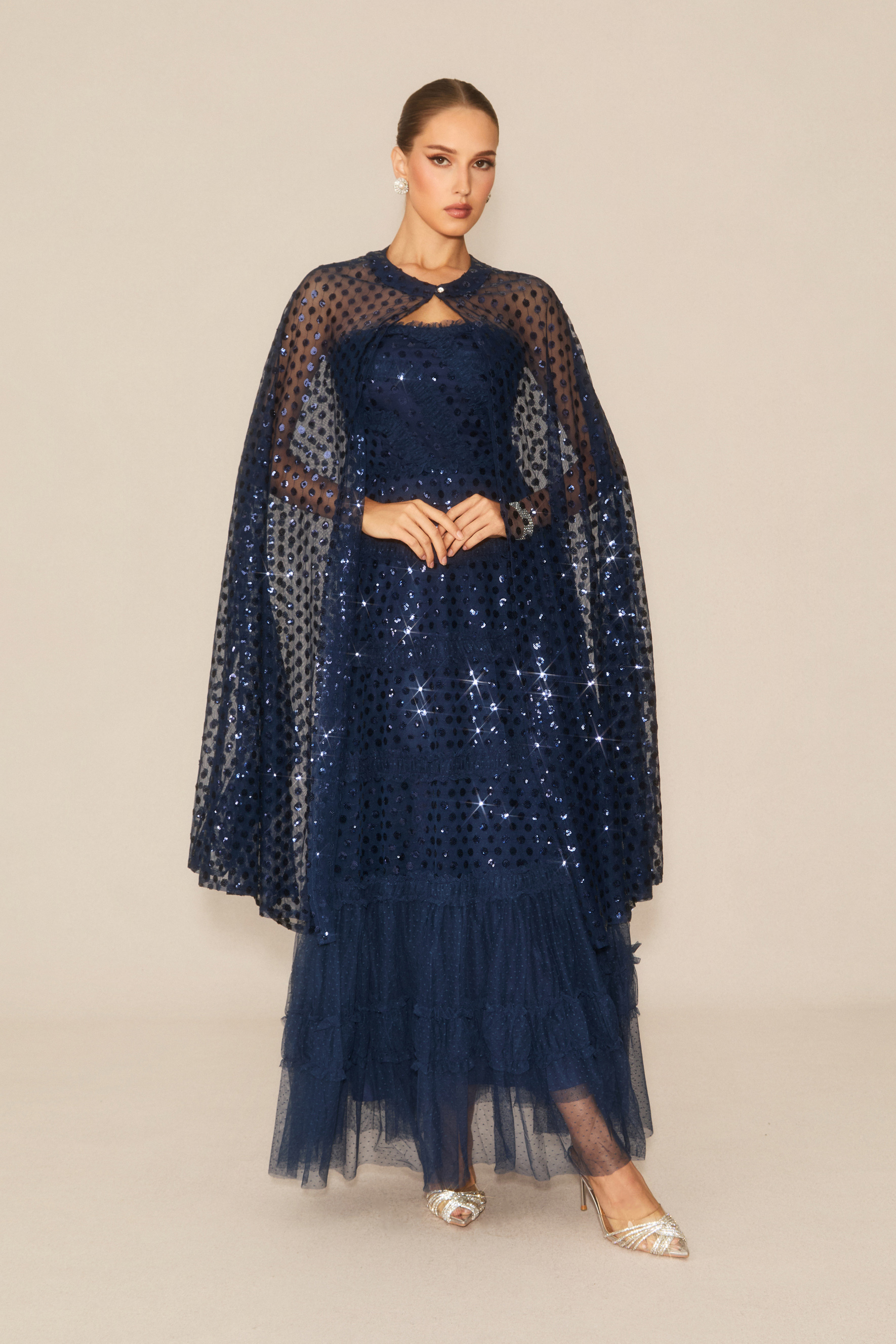 Enchanting Midnight Dark Blue Sequin Embellished Maxi Dress & Cape Set