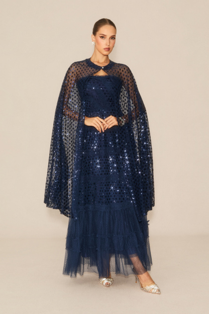 Enchanting Midnight Dark Blue Sequin Embellished Maxi Dress & Cape Set