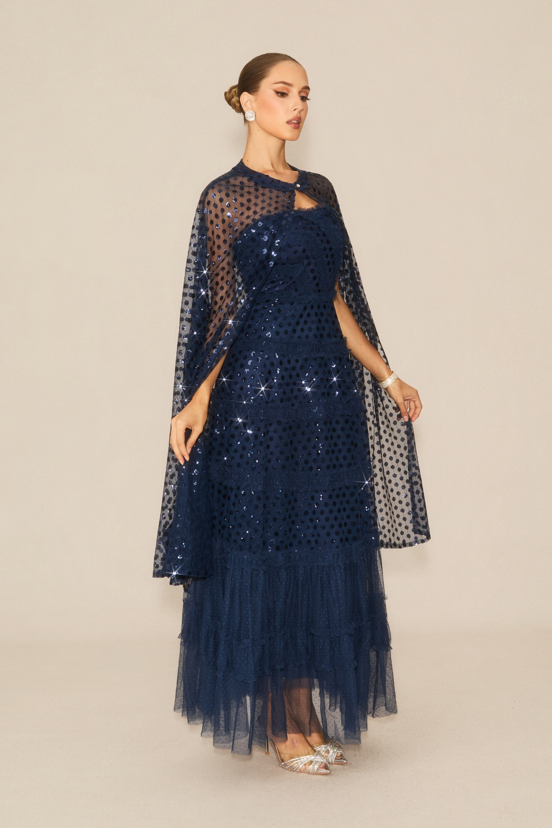 Enchanting Midnight Dark Blue Sequin Embellished Maxi Dress & Cape Set
