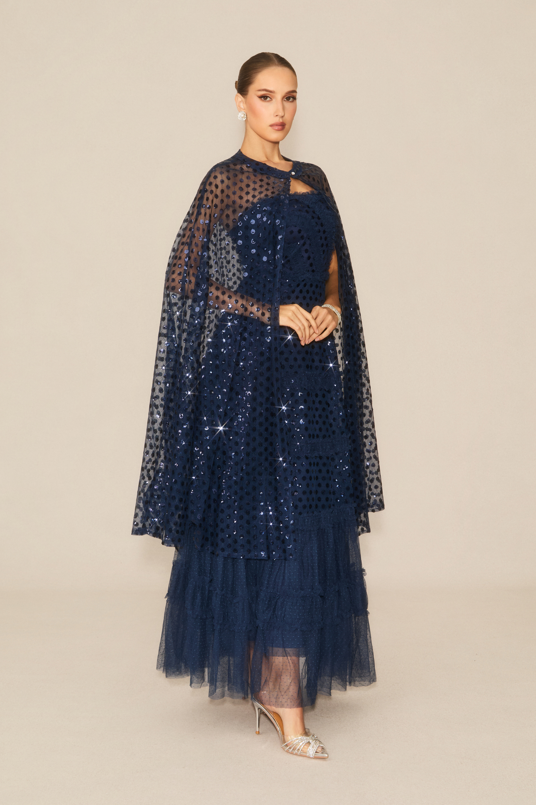 Enchanting Midnight Dark Blue Sequin Embellished Maxi Dress & Cape Set