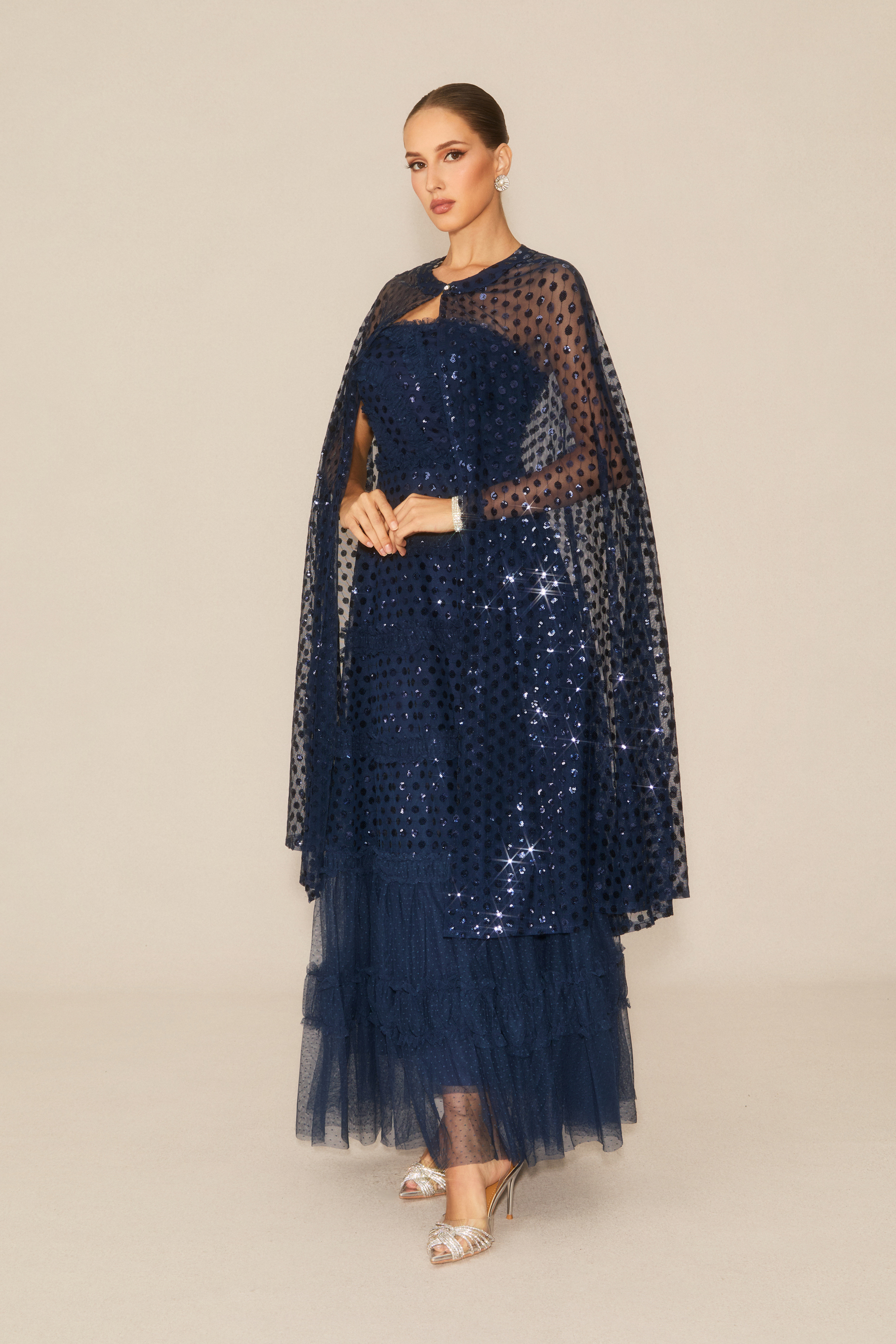 Enchanting Midnight Dark Blue Sequin Embellished Maxi Dress & Cape Set