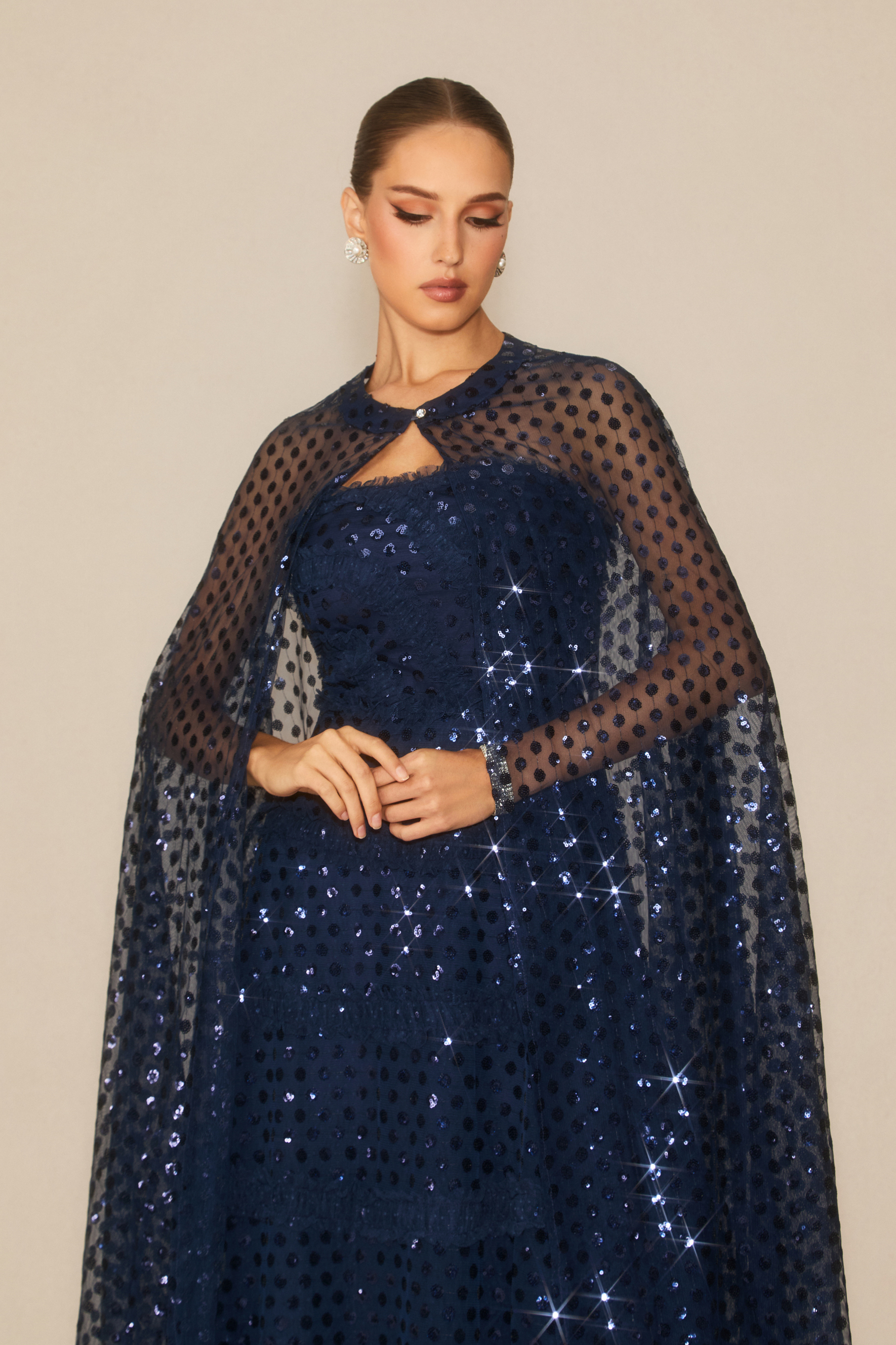 Enchanting Midnight Dark Blue Sequin Embellished Maxi Dress & Cape Set