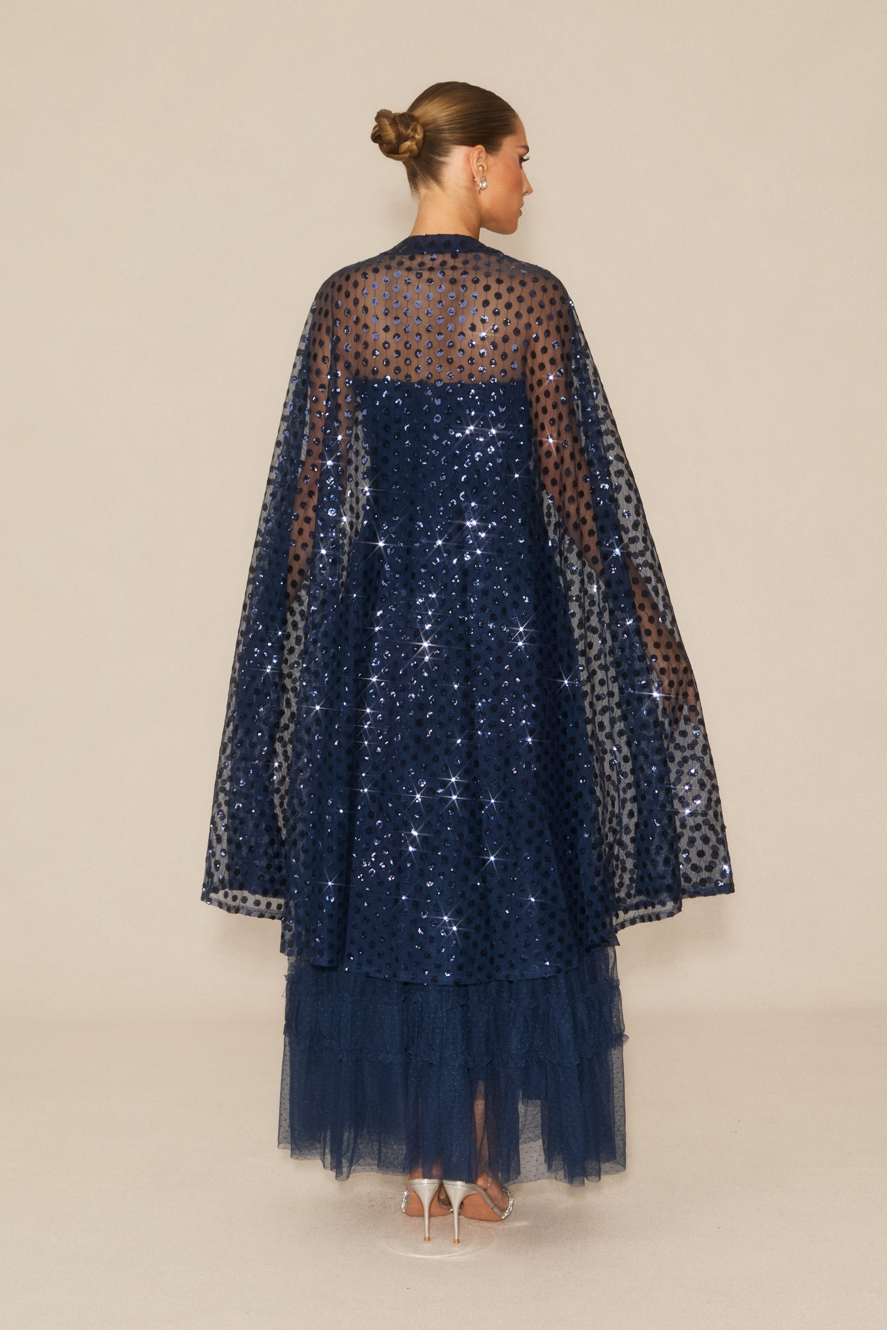 Enchanting Midnight Dark Blue Sequin Embellished Maxi Dress & Cape Set