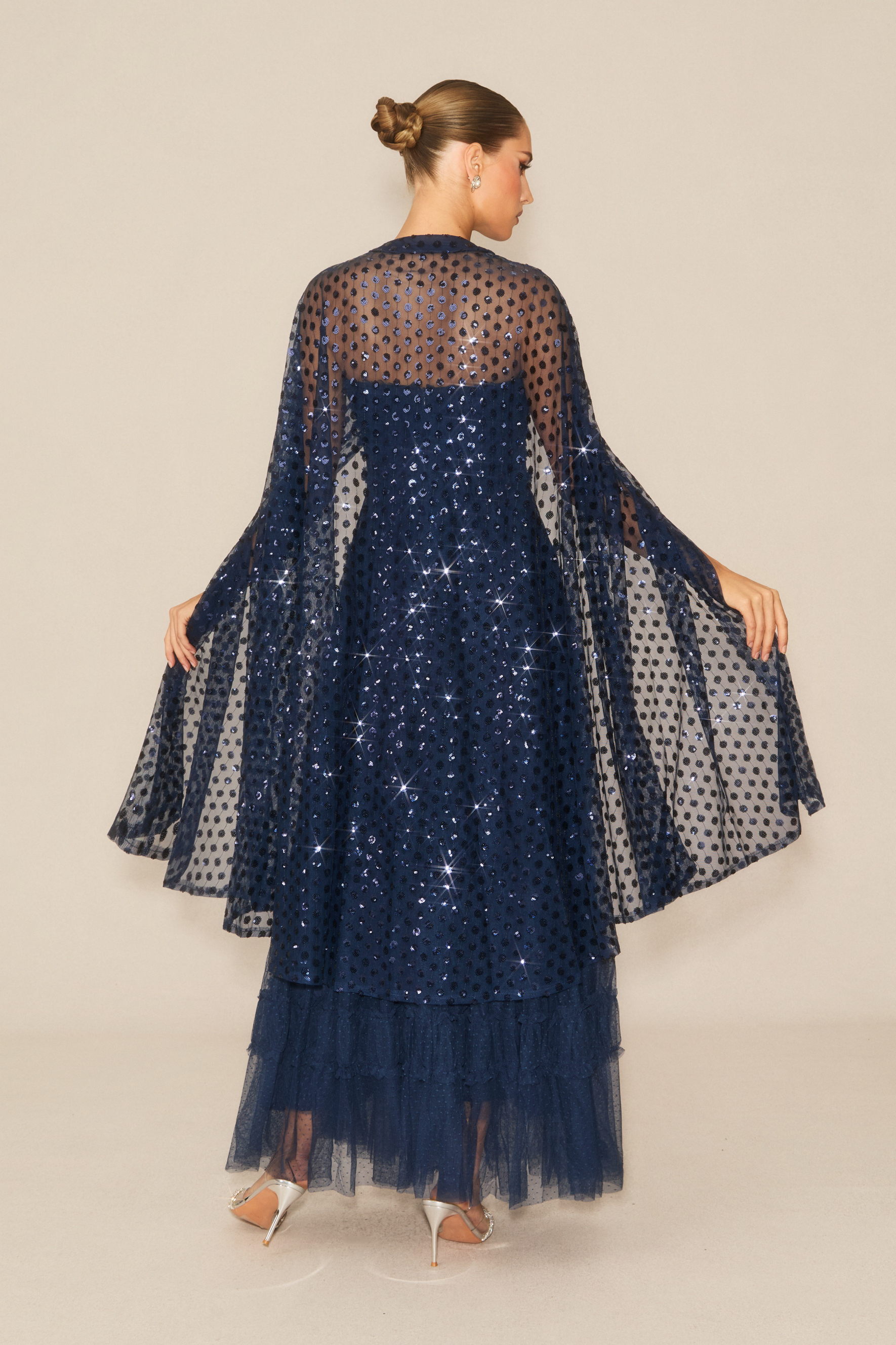 Enchanting Midnight Dark Blue Sequin Embellished Maxi Dress & Cape Set