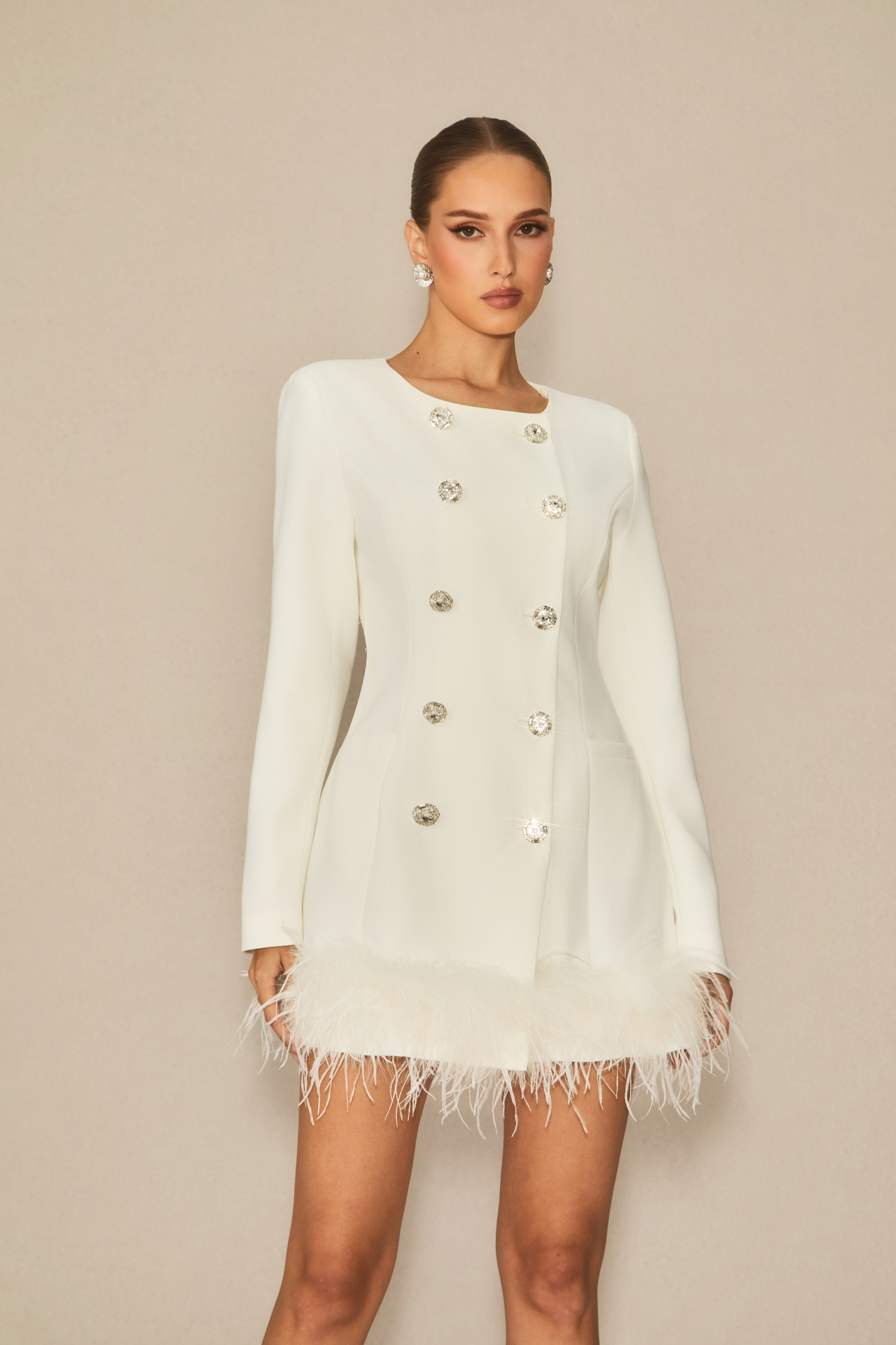 Uniquely Confident White Double Breasted Feather Mini Dress