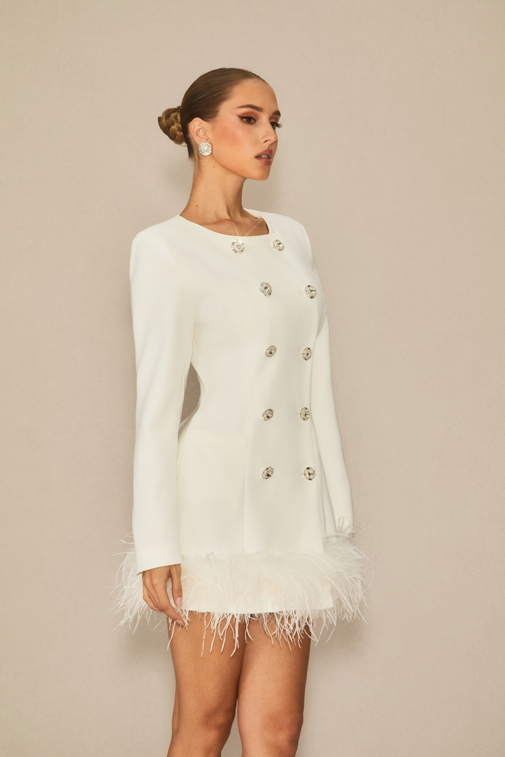 Uniquely Confident White Double Breasted Feather Mini Dress