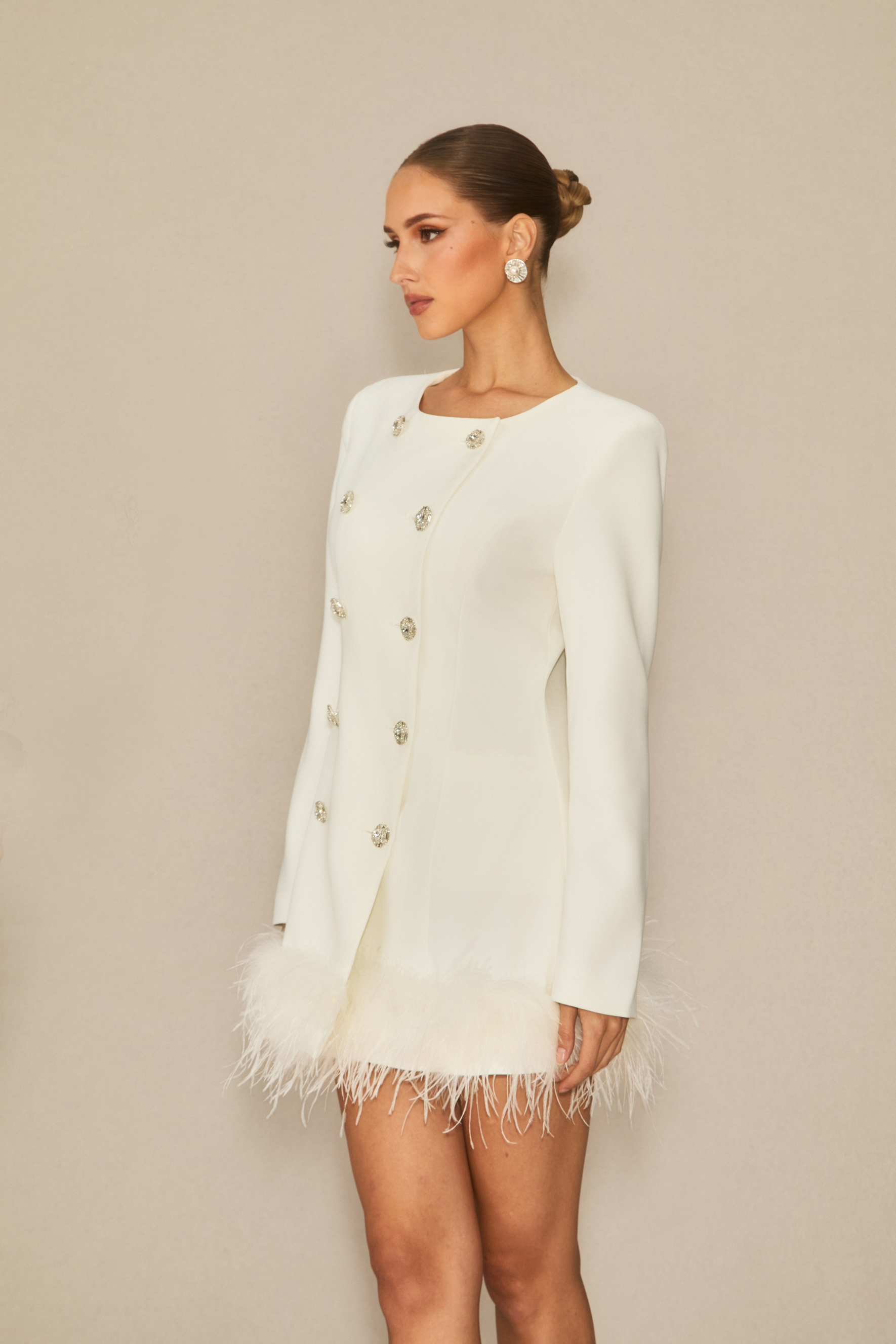 Uniquely Confident White Double Breasted Feather Mini Dress