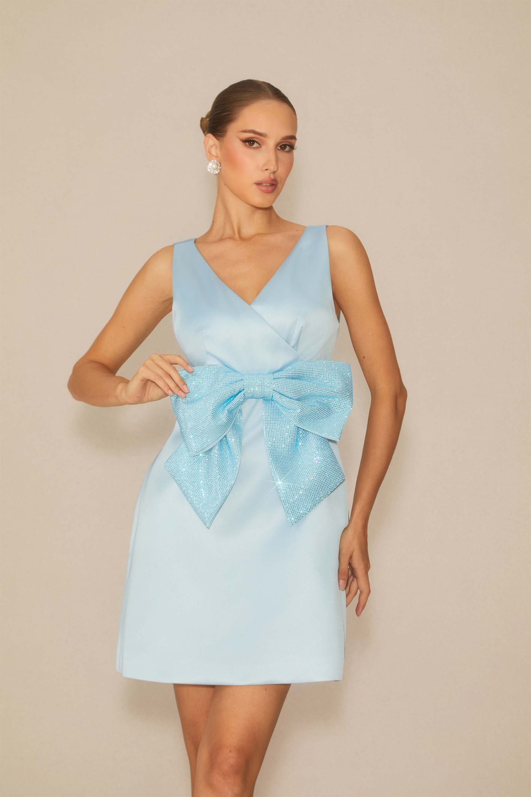Meris V-neck Diamond Bow Satin Mini Dress