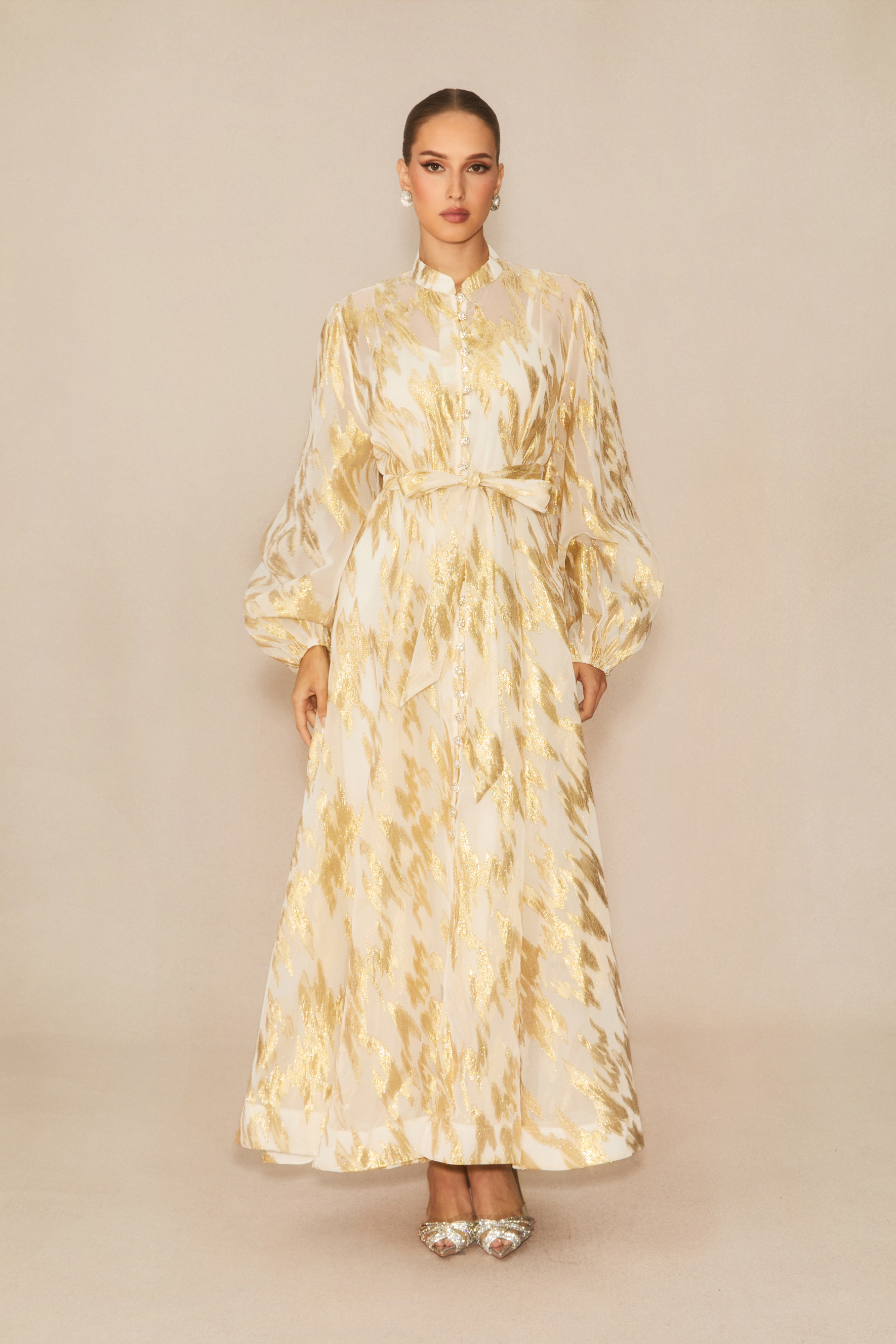 Aitana Metallic Print Puff Sleeve Maxi Dress
