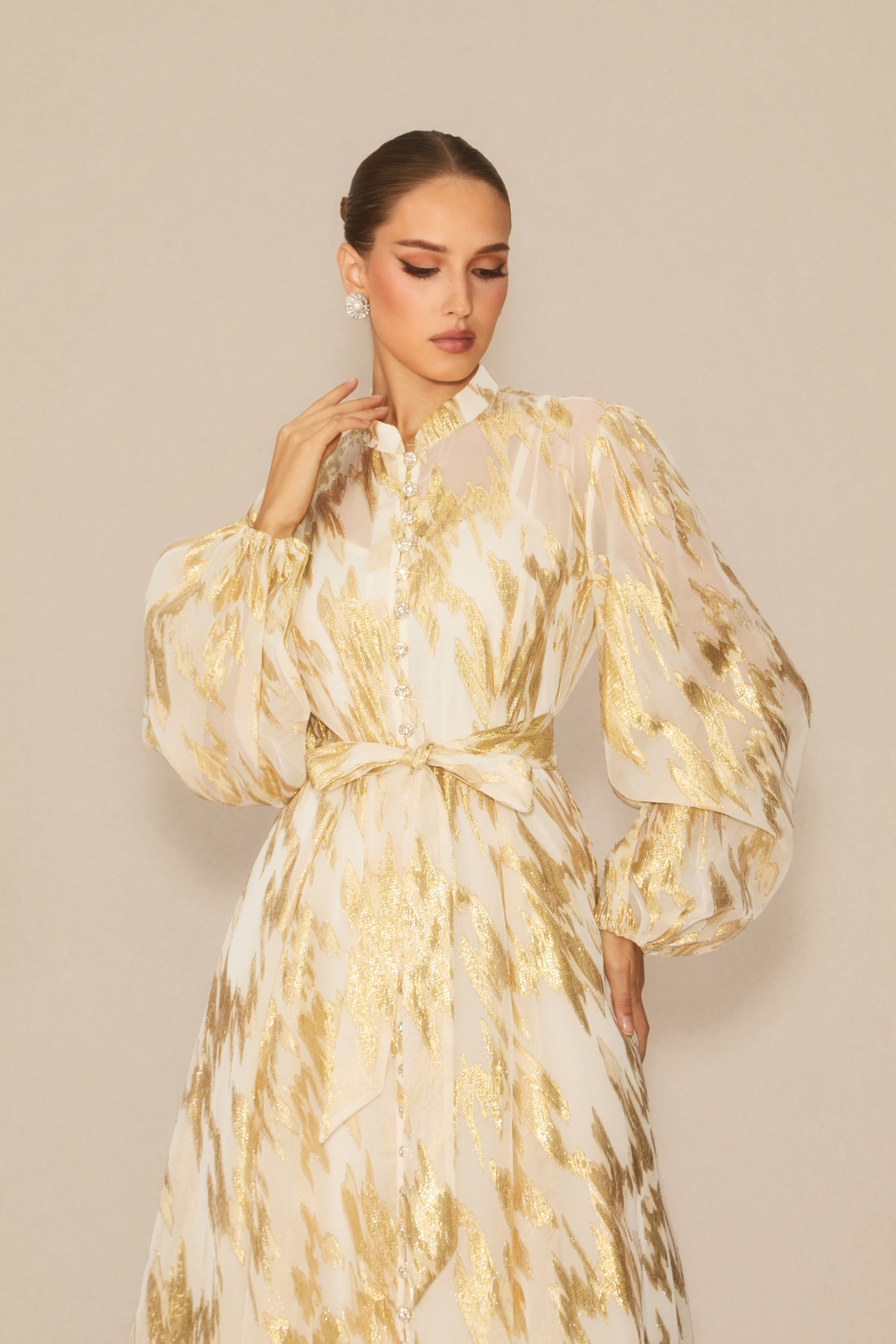 Aitana Metallic Print Puff Sleeve Maxi Dress