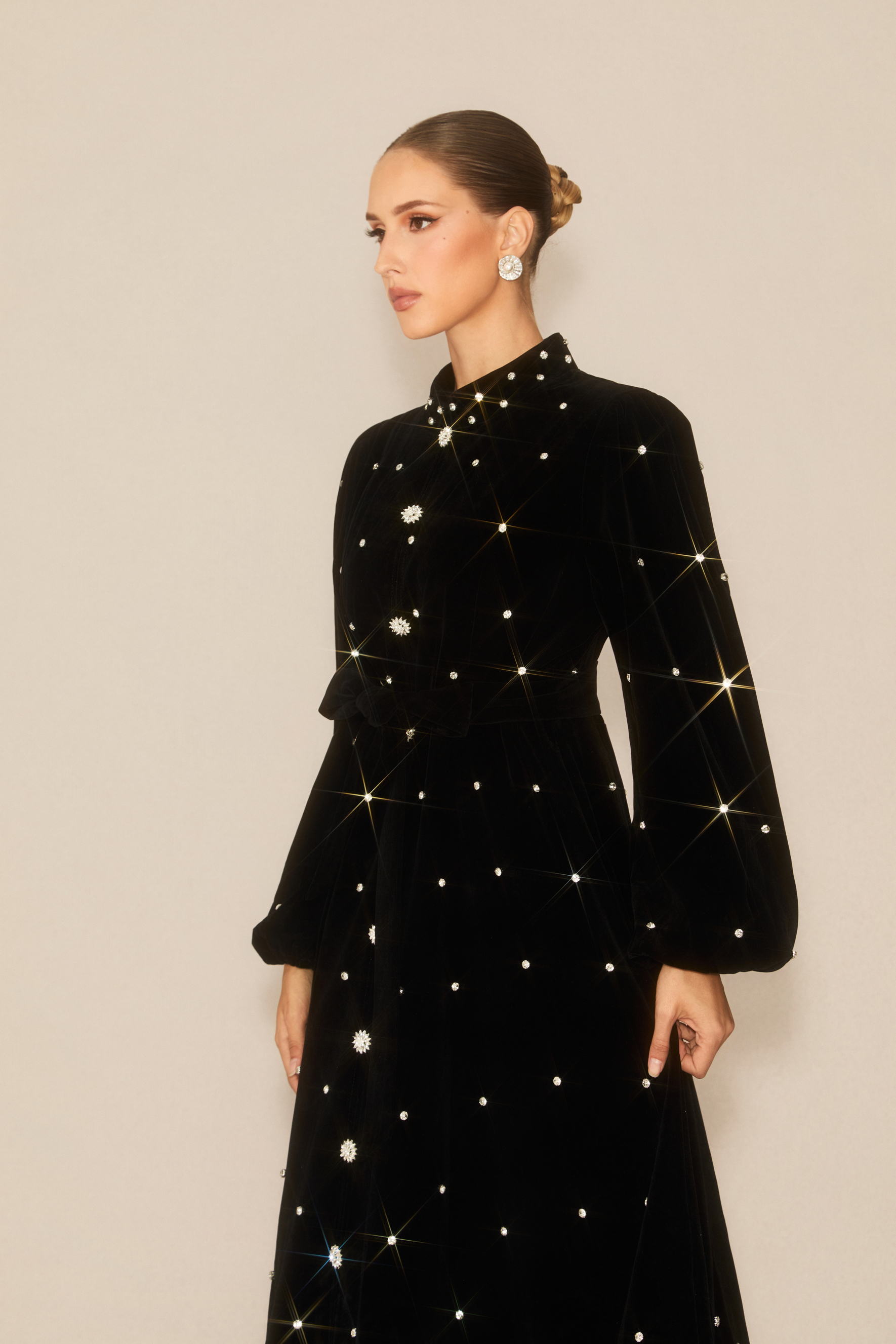 Luxe Possibilities Black Crystal Embellished Velvet Midi Dress
