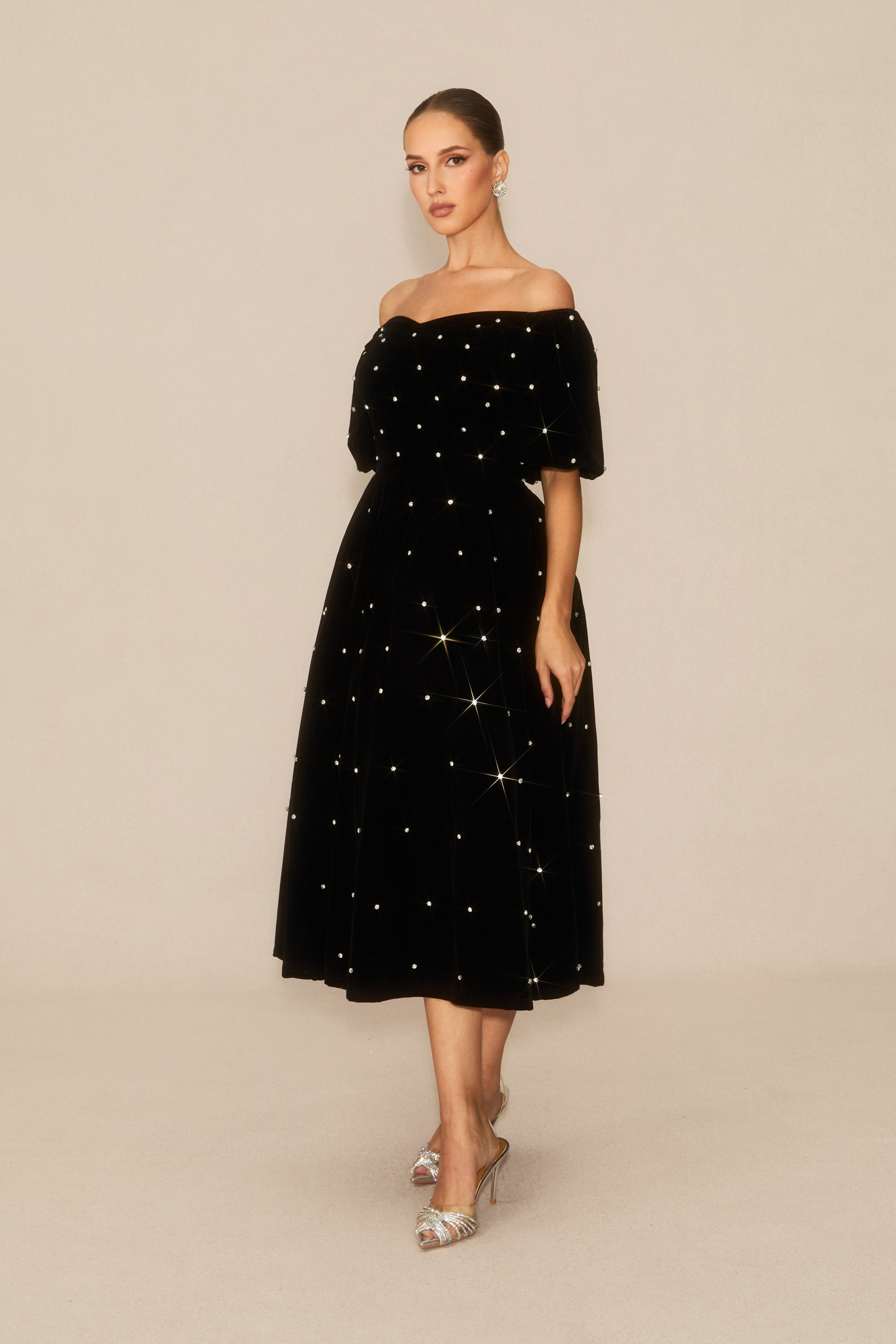 Marvelous Radiance Black Off Shoulder Velvet Midi Dress