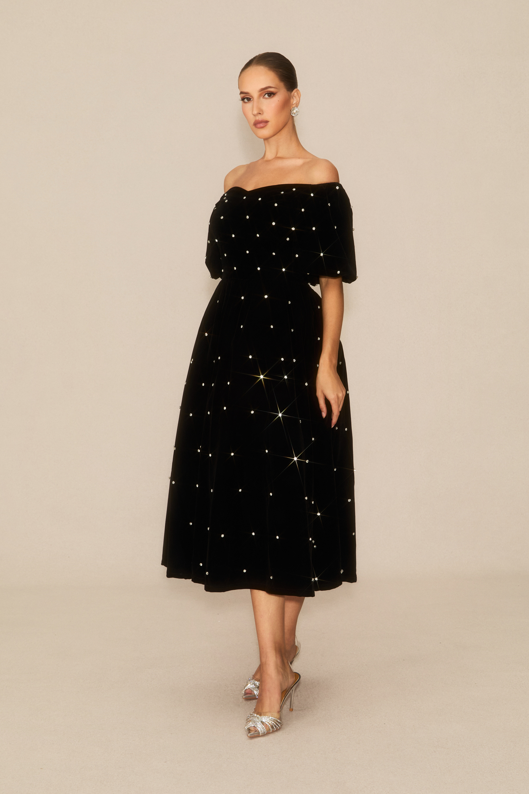 Marvelous Radiance Black Off Shoulder Velvet Midi Dress