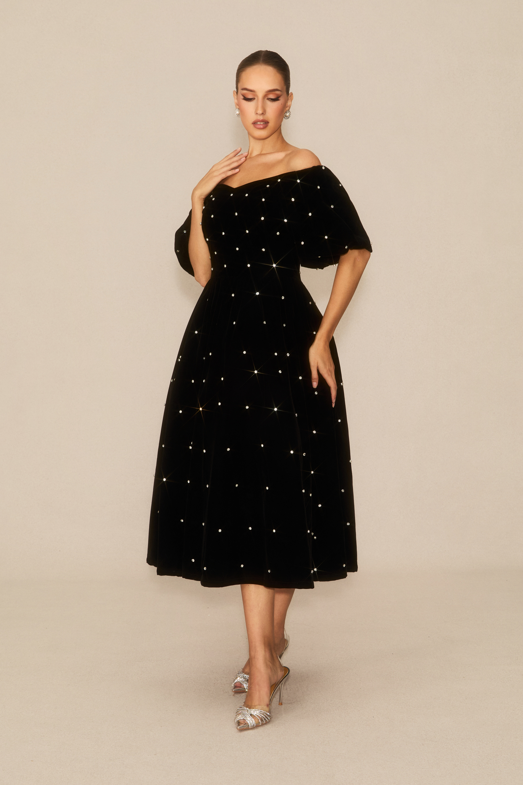 Marvelous Radiance Black Off Shoulder Velvet Midi Dress