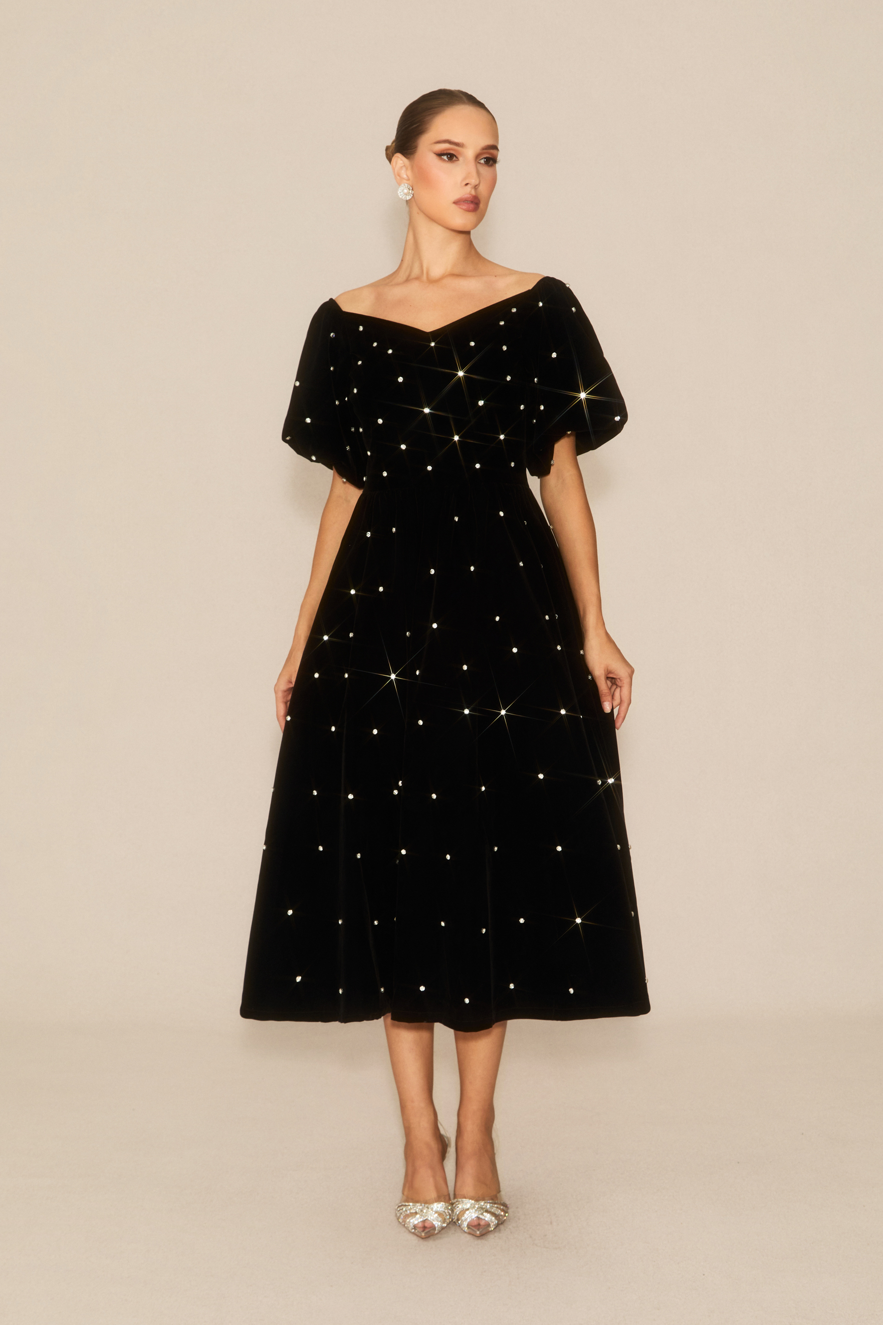 Marvelous Radiance Black Off Shoulder Velvet Midi Dress