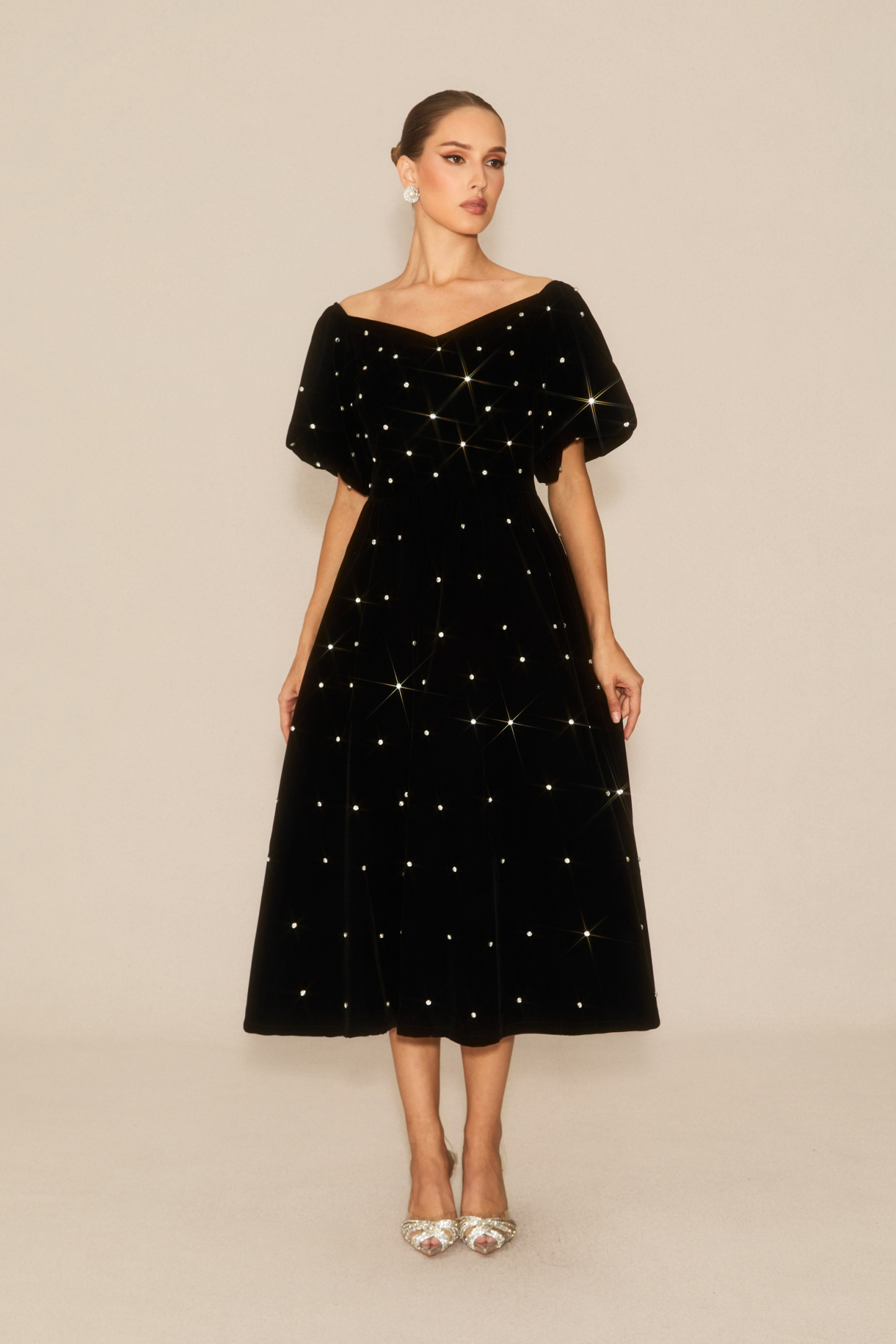 Marvelous Radiance Black Off Shoulder Velvet Midi Dress