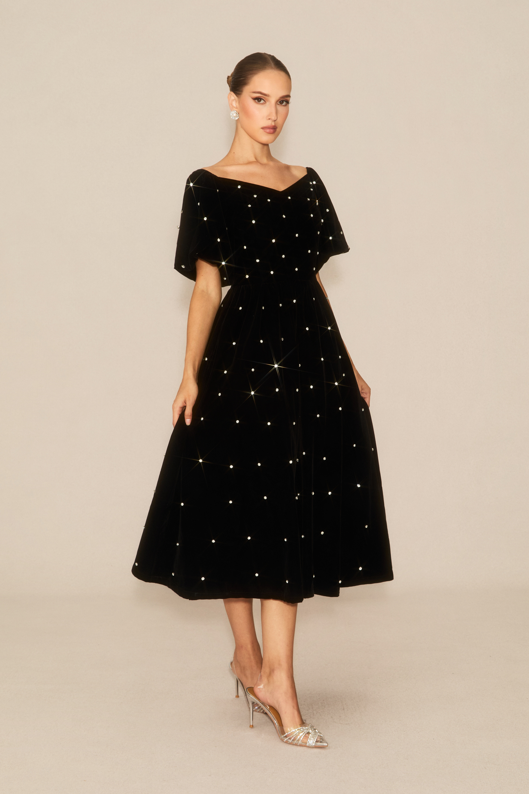Marvelous Radiance Black Off Shoulder Velvet Midi Dress