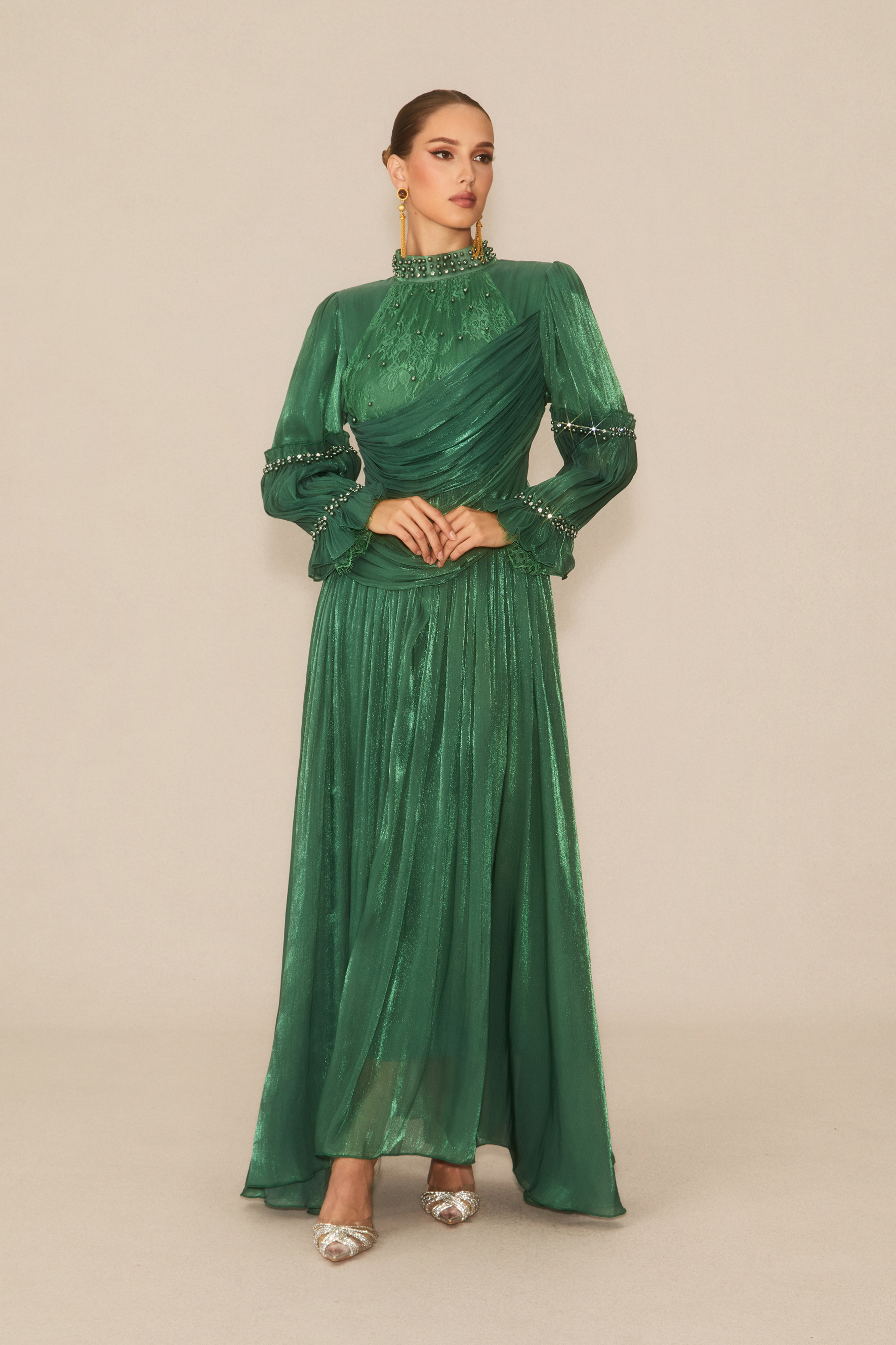 Aurelia Beaded Trim Long Sleeve Maxi Dress