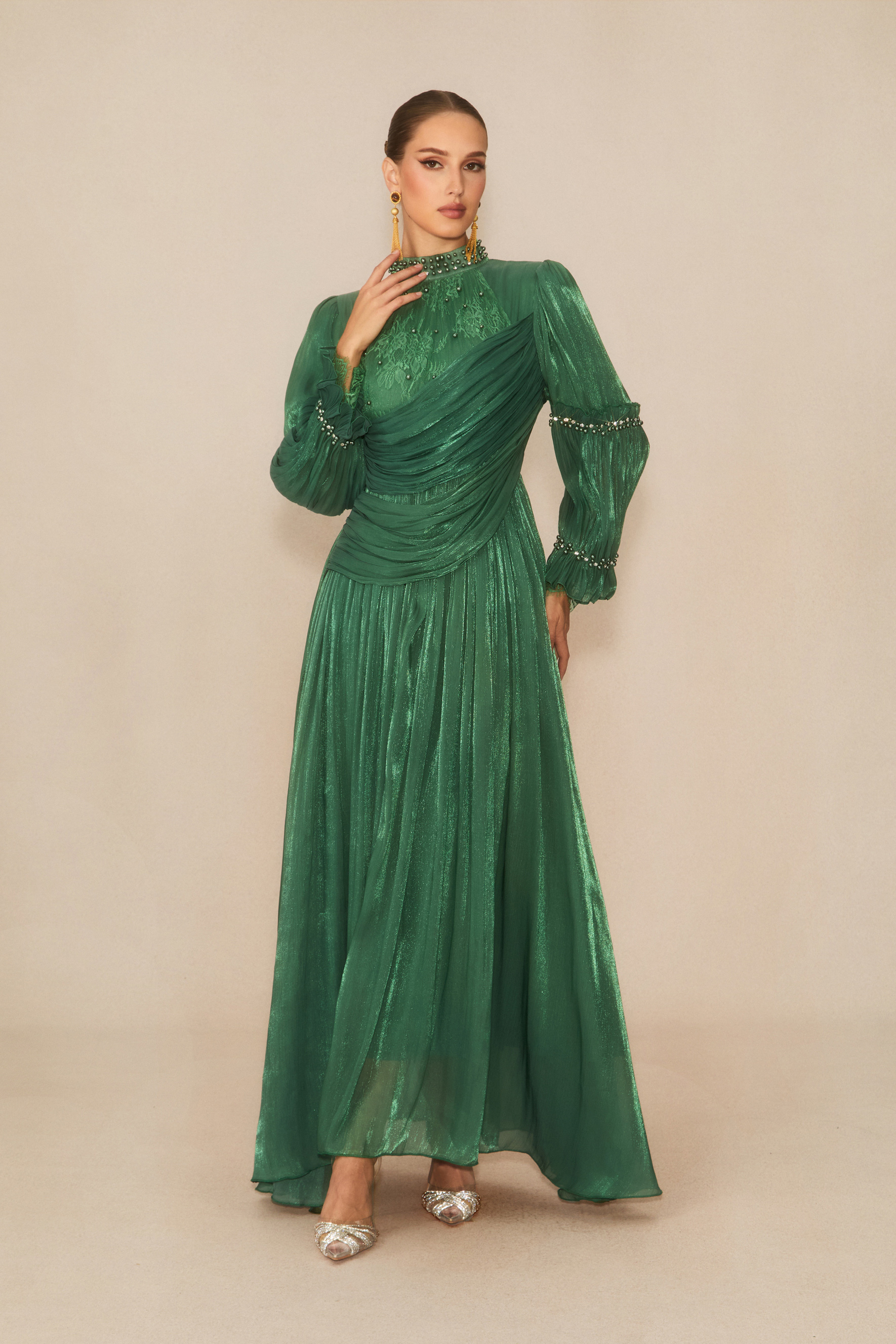 Aurelia Beaded Trim Long Sleeve Maxi Dress