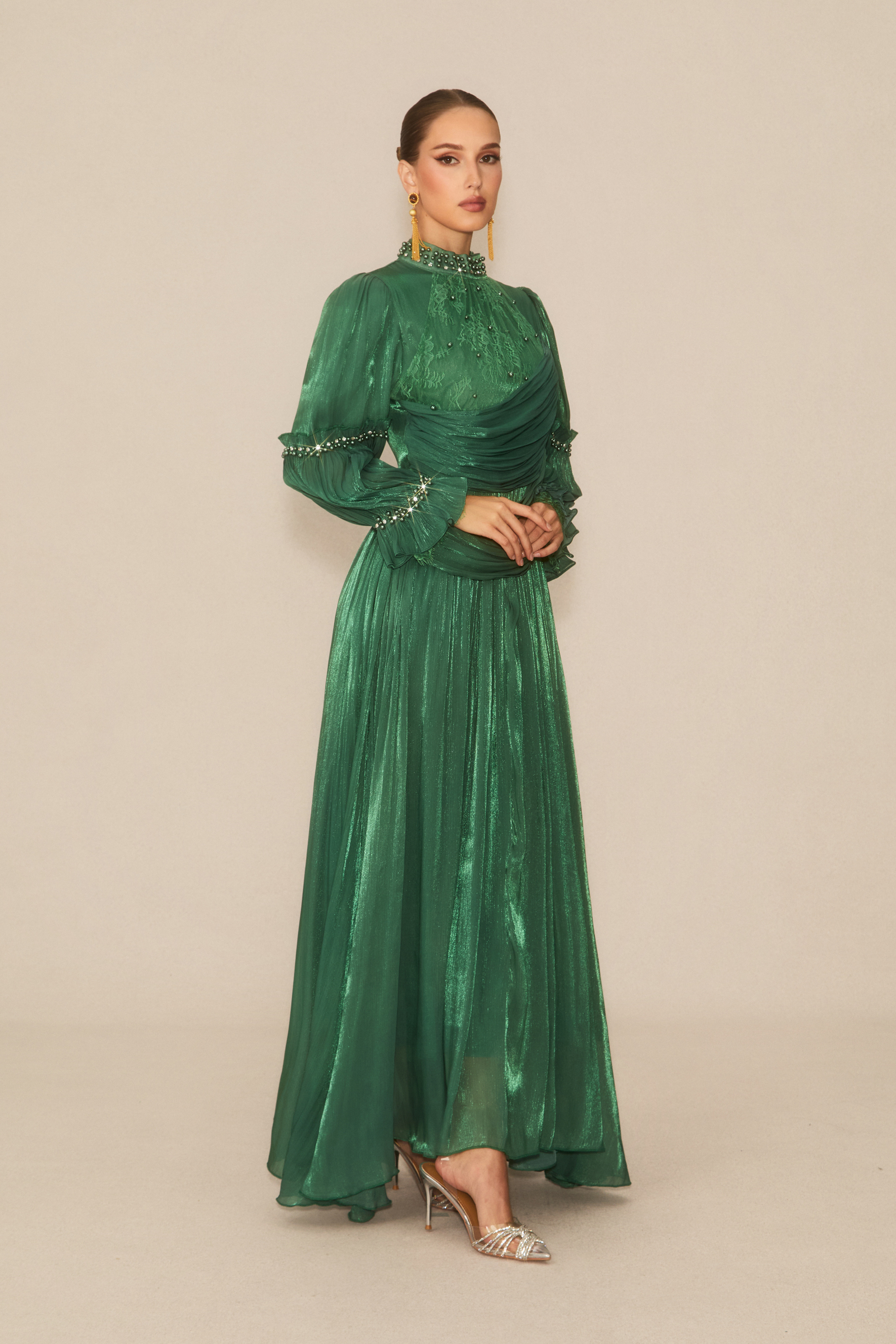 Aurelia Beaded Trim Long Sleeve Maxi Dress